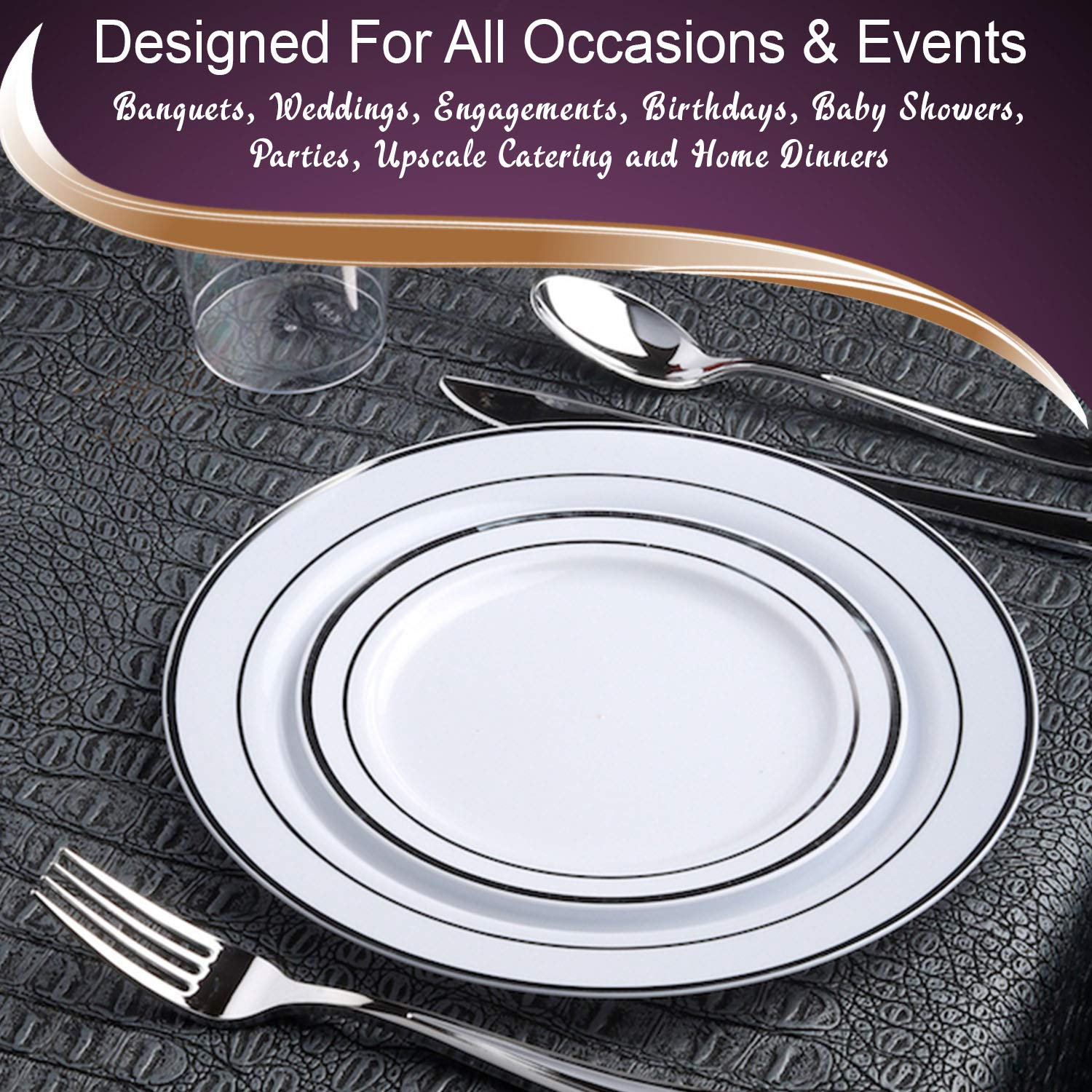 Elegant Disposable Plastic Dessert Plates 120 Pcs - 6'' Heavy Duty Fancy White Silver-Rimmed Appetizer Plates - Party Salad Cake