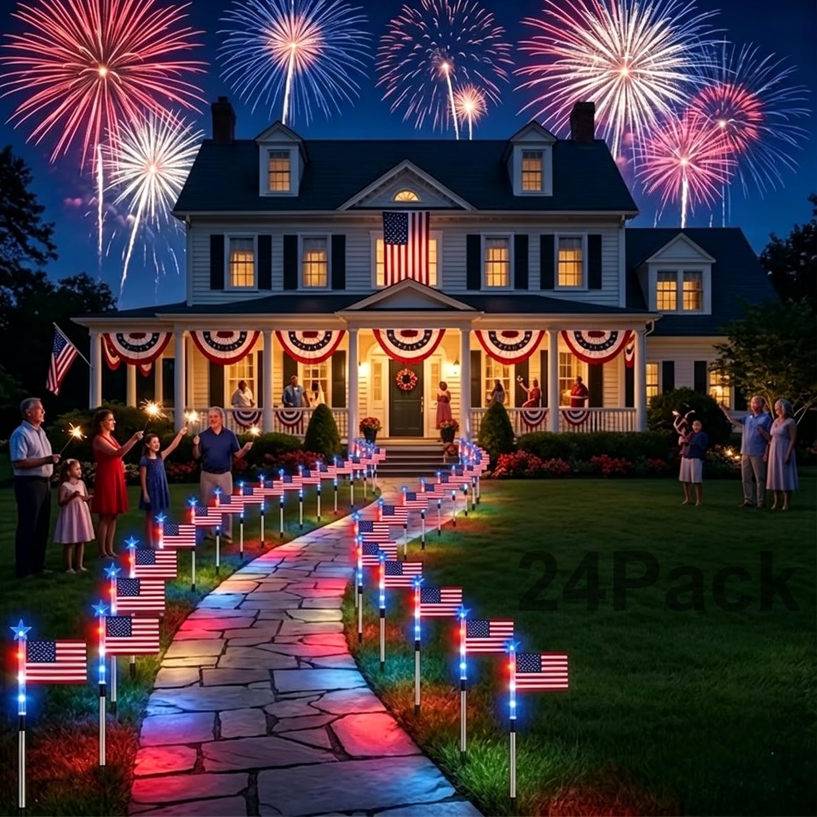 Solar American Flag Pathway Lights, 8 Solar American Flag Pathway Stake Lights for Outside, Red, White & Blue Yard Glow for 250t