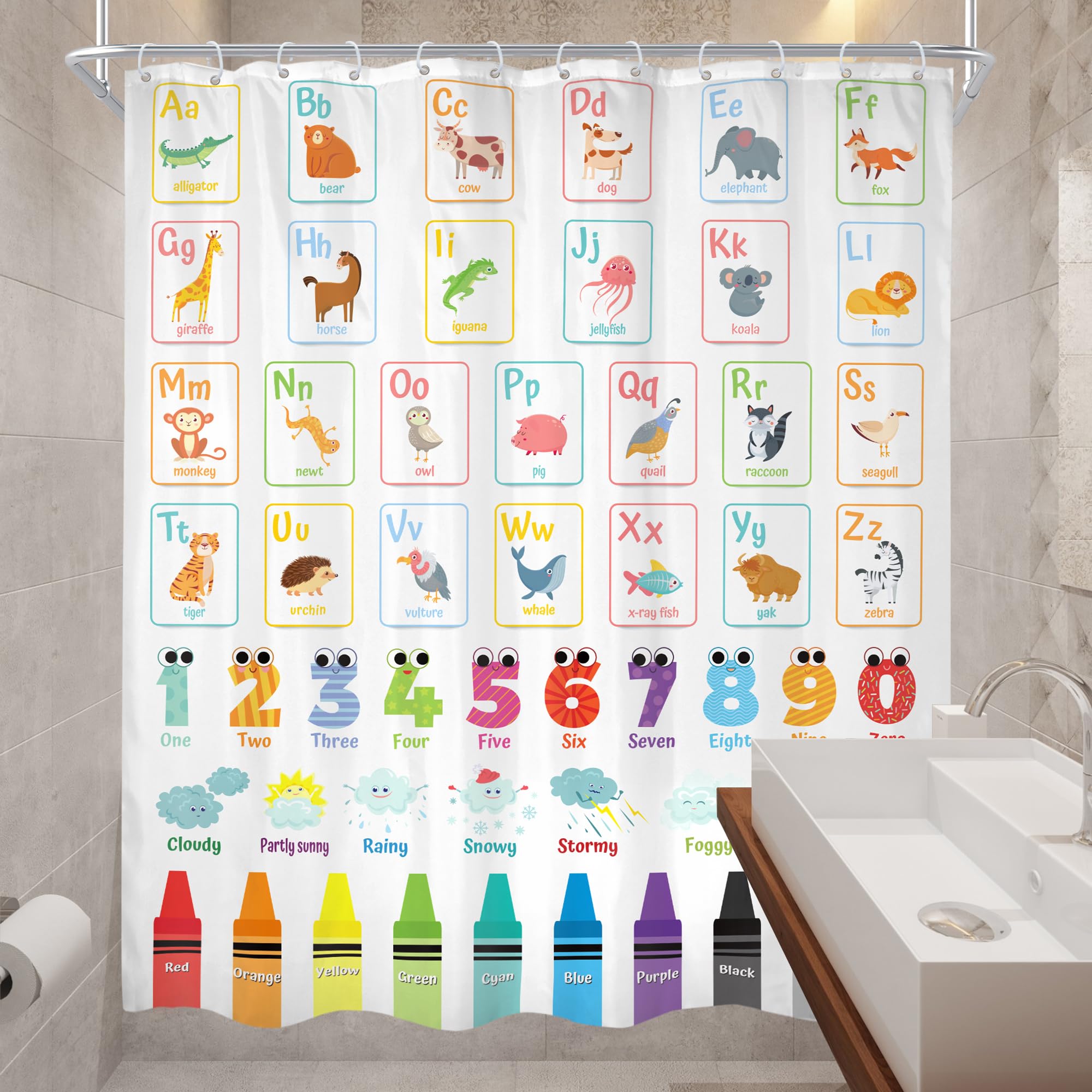 Cinbloo Alphabet Abc Kids Shower Curtain 60Wx72H Children Cartoon Cute Animal Colorful Educational Bathroom Curtain Set Number L