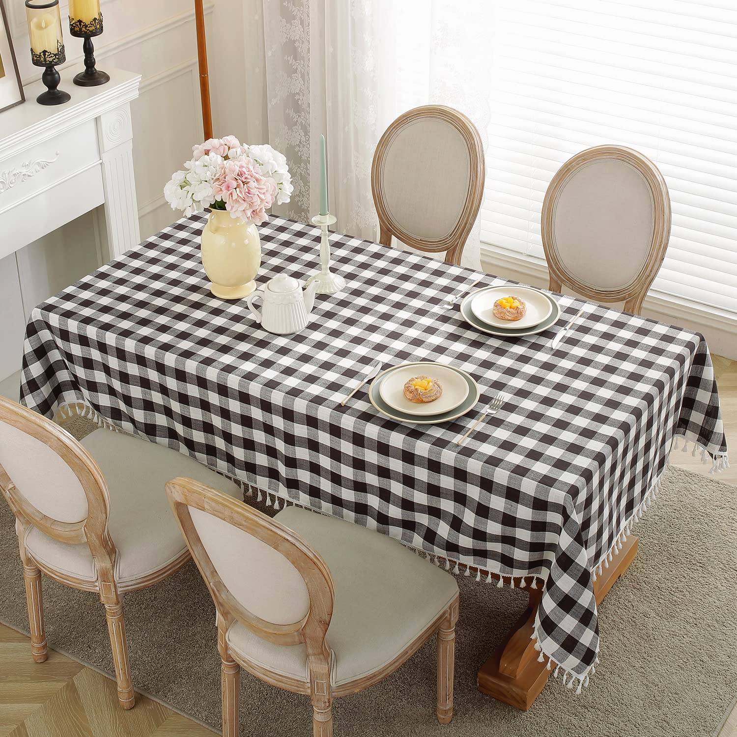 Laolitou Checkered Tablecloth Rectangle Washable Halloween Buffalo Plaid Table Cloth With Tassel Cotton Linen Gingham Table Cove