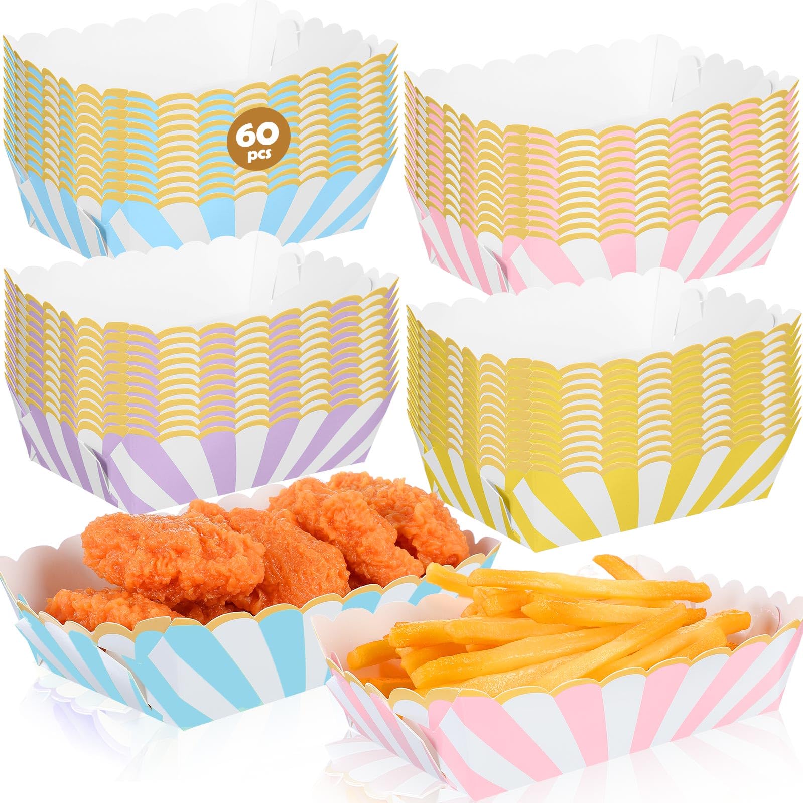 Dunzoom 60 Pcs Pastel Paper Food Trays Striped Pastel Party Supplies Kraft Food Boats 4 Colors Disposable Paper Plates Hot Dog F