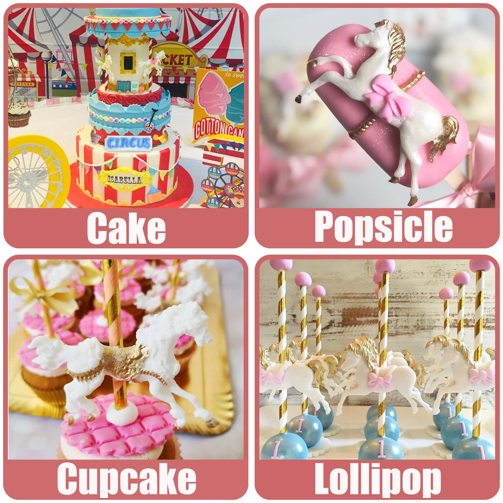3D Carousel Horse Silicone Molds 3 Pcs, Circus Fondant Mold For Cake Decoration, Candy Sugar Cupcake Topper Cake Pop Popsicle, B
