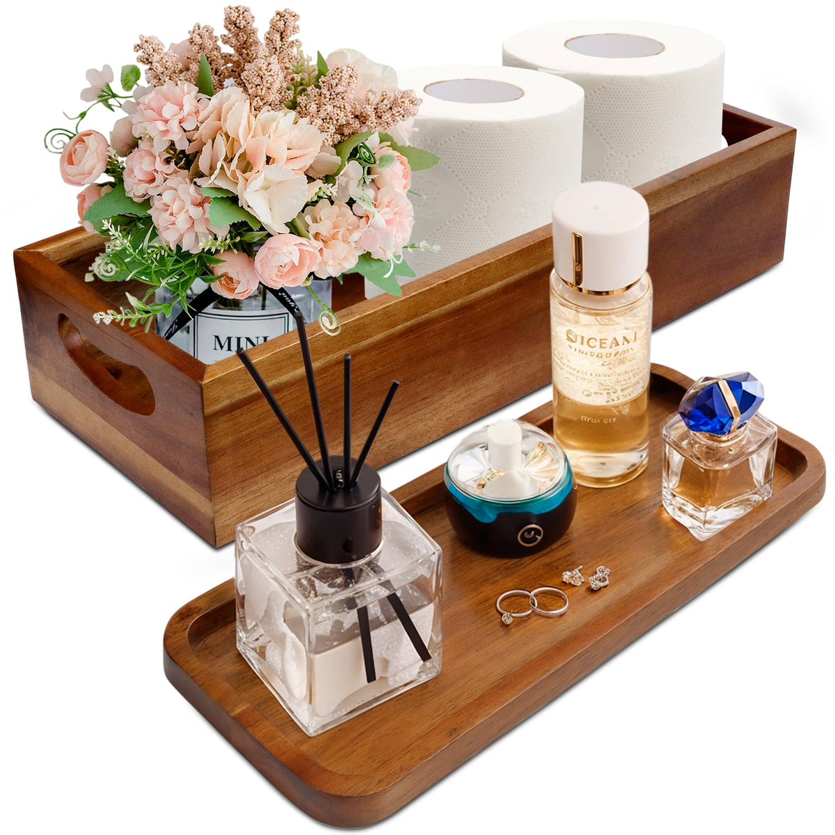 Handmade Toilet Tank Basket Topper & Vanity Tray Set Of Natural Acacia Wood By Demigo, Created By Skilled Artisans, Smooth, Dura