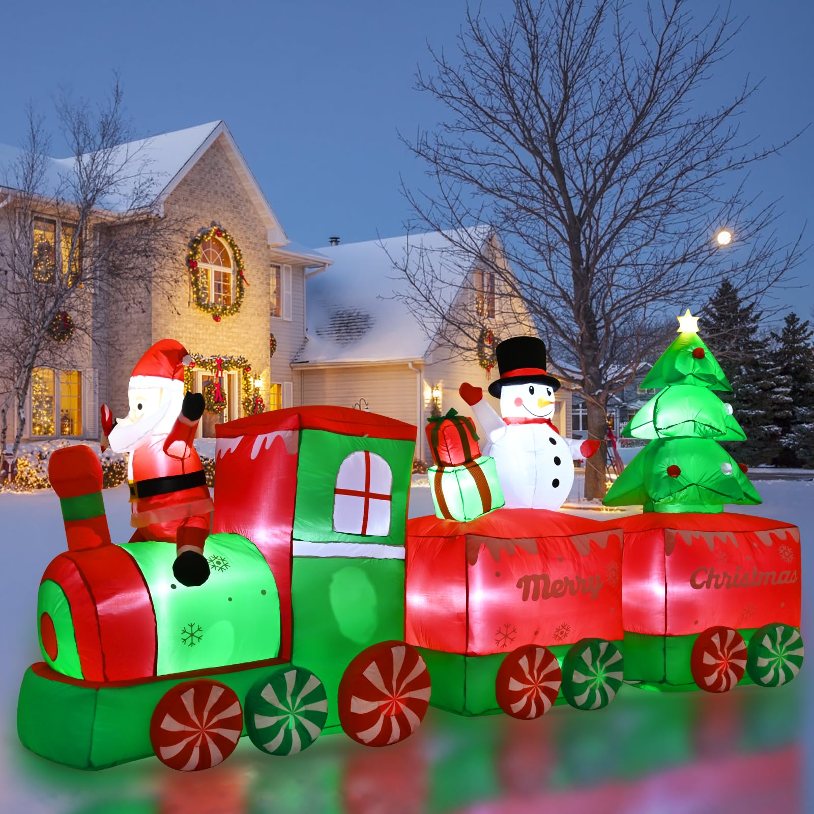 FRAMICS 10.5 FT Christmas Inflatable Train with Santa Claus, Multicolor LED Lights, Polyester Material, Easy Setup, Outdoor Chri