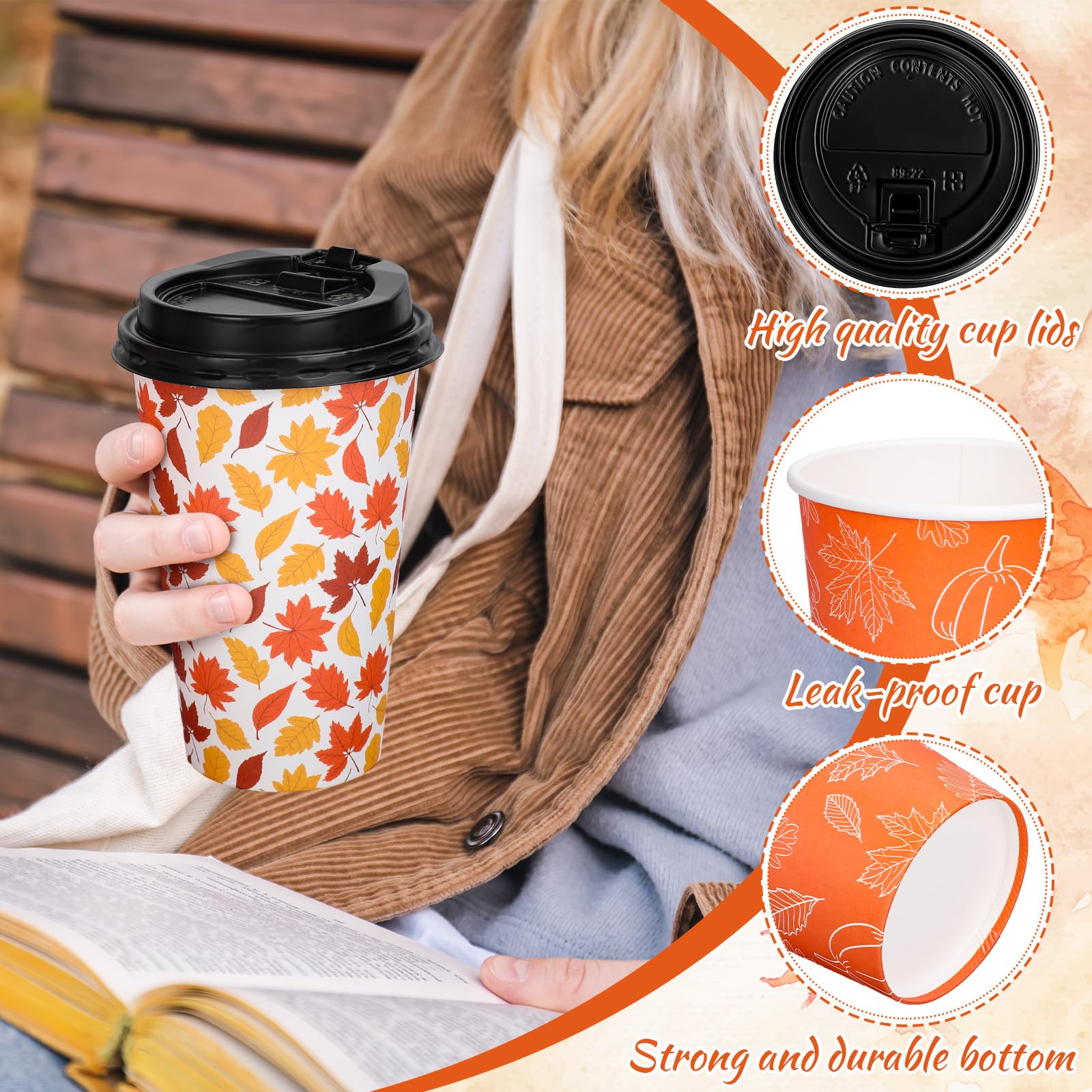 Whaline 50 Pcs Hello Fall Coffee Paper Cups Autumn Leaves Pumpkin 16oz Disposable Cups with Lids for Hot Cold Drinks Thanksgivin