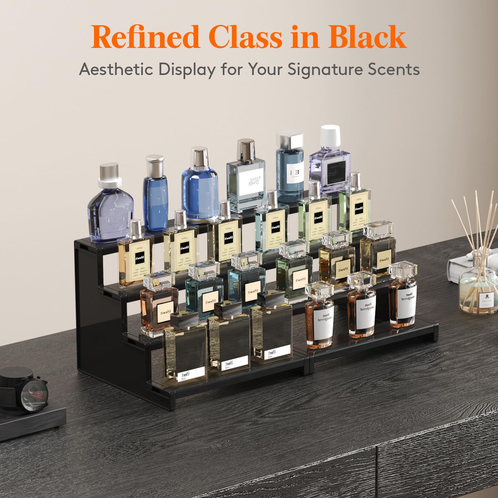 Lifewit Plastic 9 Inch Dark Cologne Stand, Step Perfume Organizer, Tool-free Assembly, Display Stand Shelf for Fragrance, Skinca