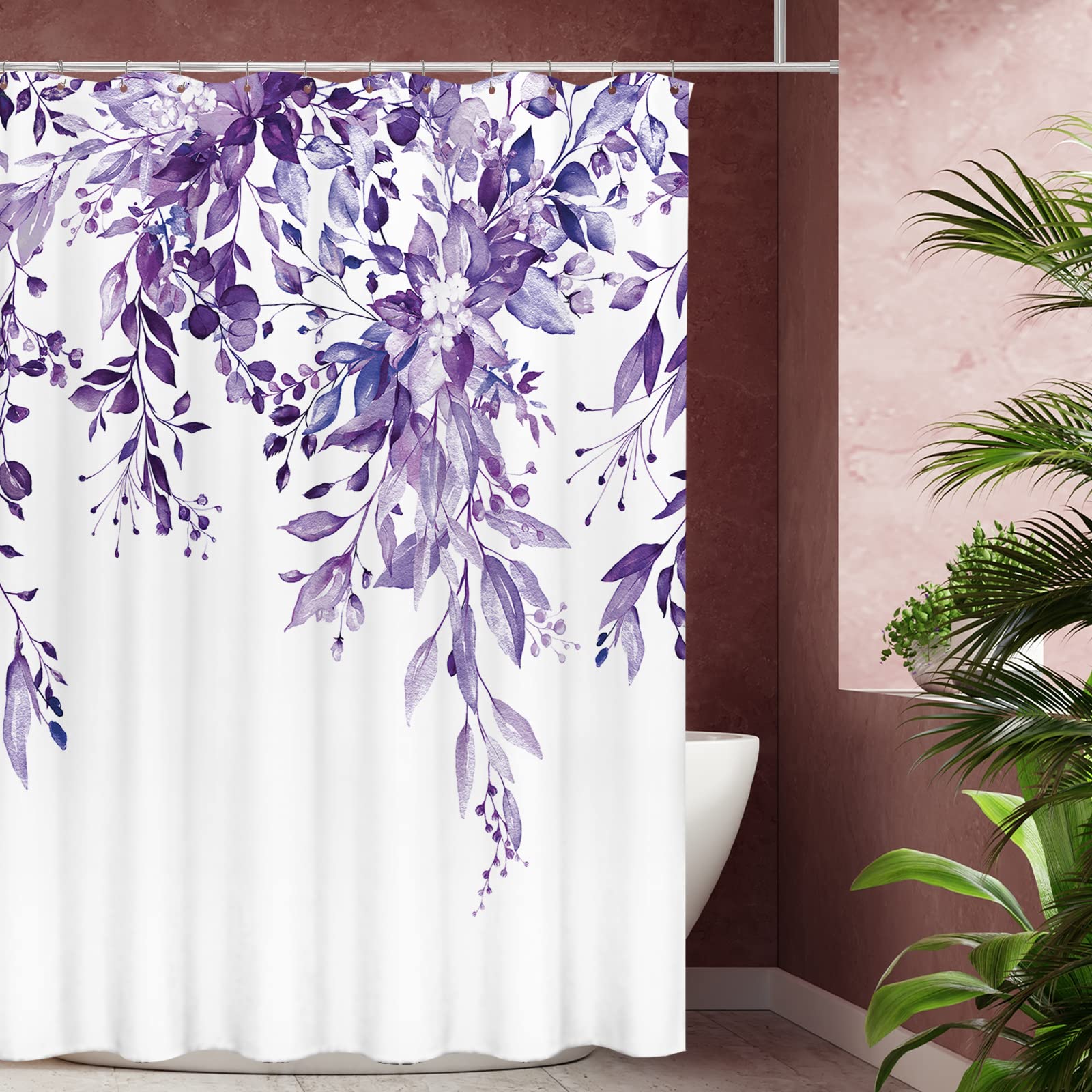 Tititex Purple Eucalyptus Shower Curtain Sets, Watercolor Leaves On The Top Plant With Floral Bathroom Decoration 60X72 Inch Wit