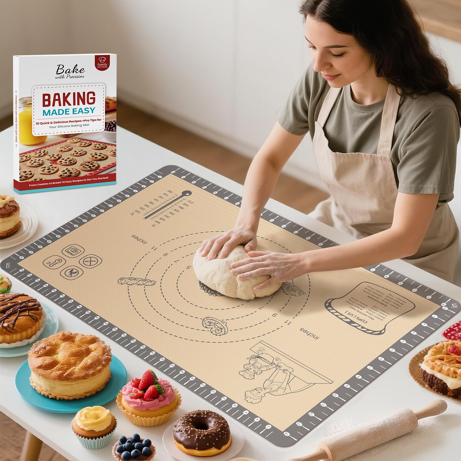 Silicone Baking Mat with 10 Quick Recipes, Extra Thick Silicone Mats for Baking, Non Stick Pastry Mat,Reusable kneading Dough Ro