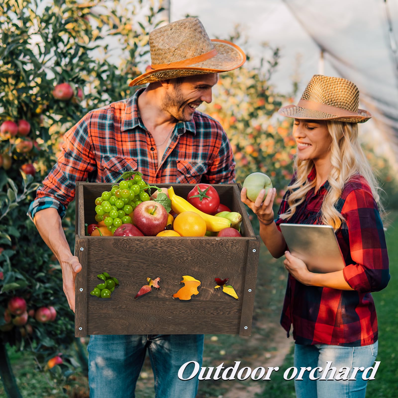 ROSOS Wooden Crates, Farmhouse Wooden Crates for Storage with Carved Cute Patten, Solid Wood Crates for Display, Durable & Handm