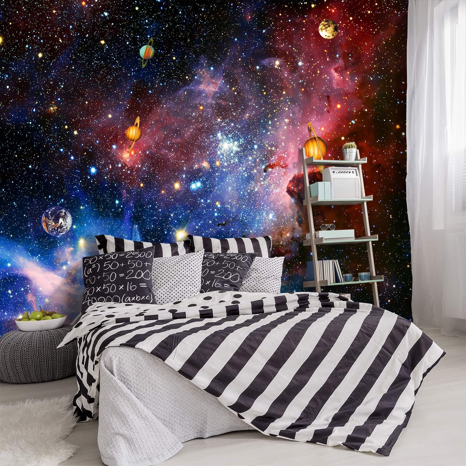 YIHWM -Galaxy Universe Planet Ceiling Fabric Wallpaper Boys Girls Nursery Starry Sky Children Bedroom Bathroom Large Mural- 137x