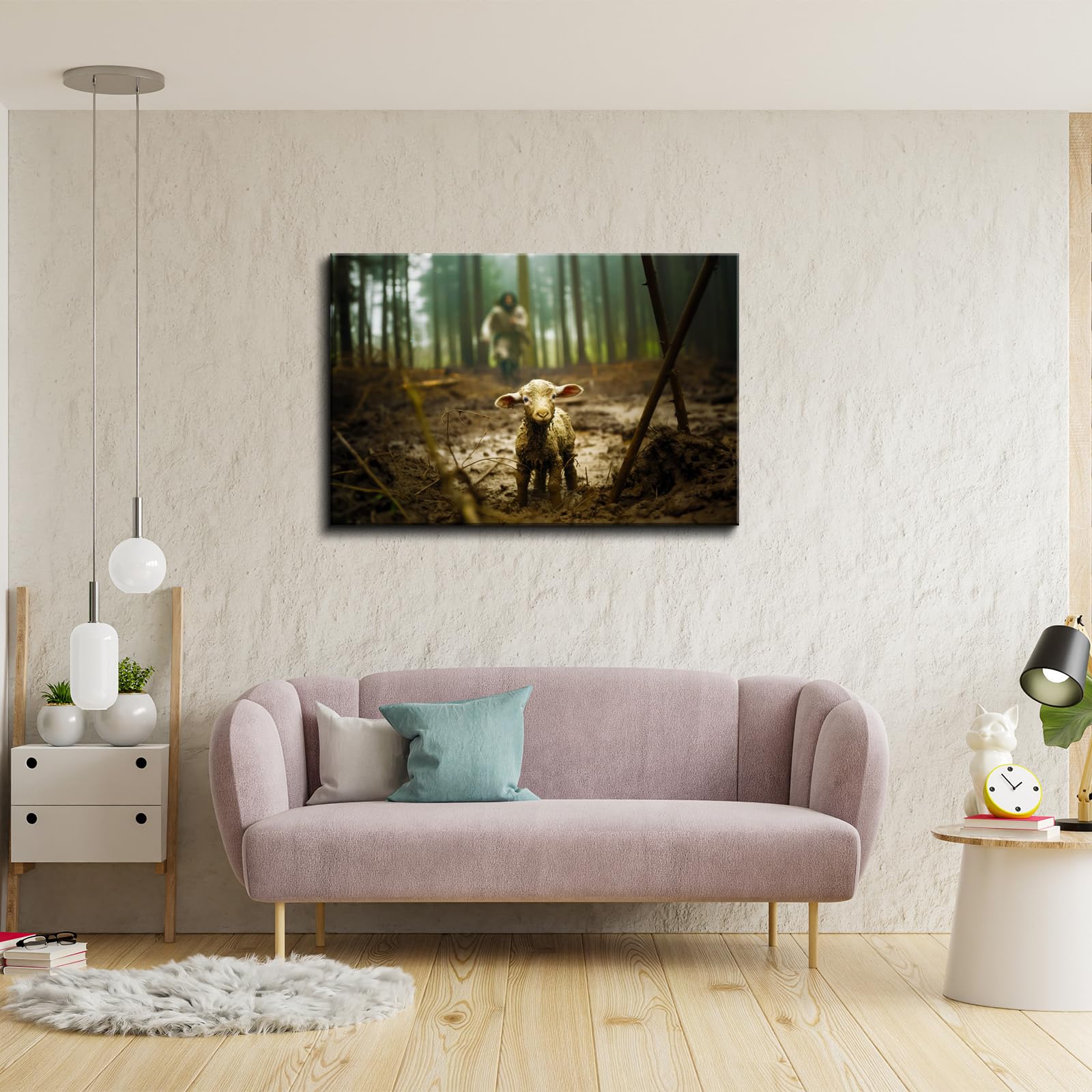 Yonica Jesus And Lamb Canvas Wall Art Jesus Running After Lost Lamb Picture Wall Art Canvas Print Christian 20X30 Inch Home Deco