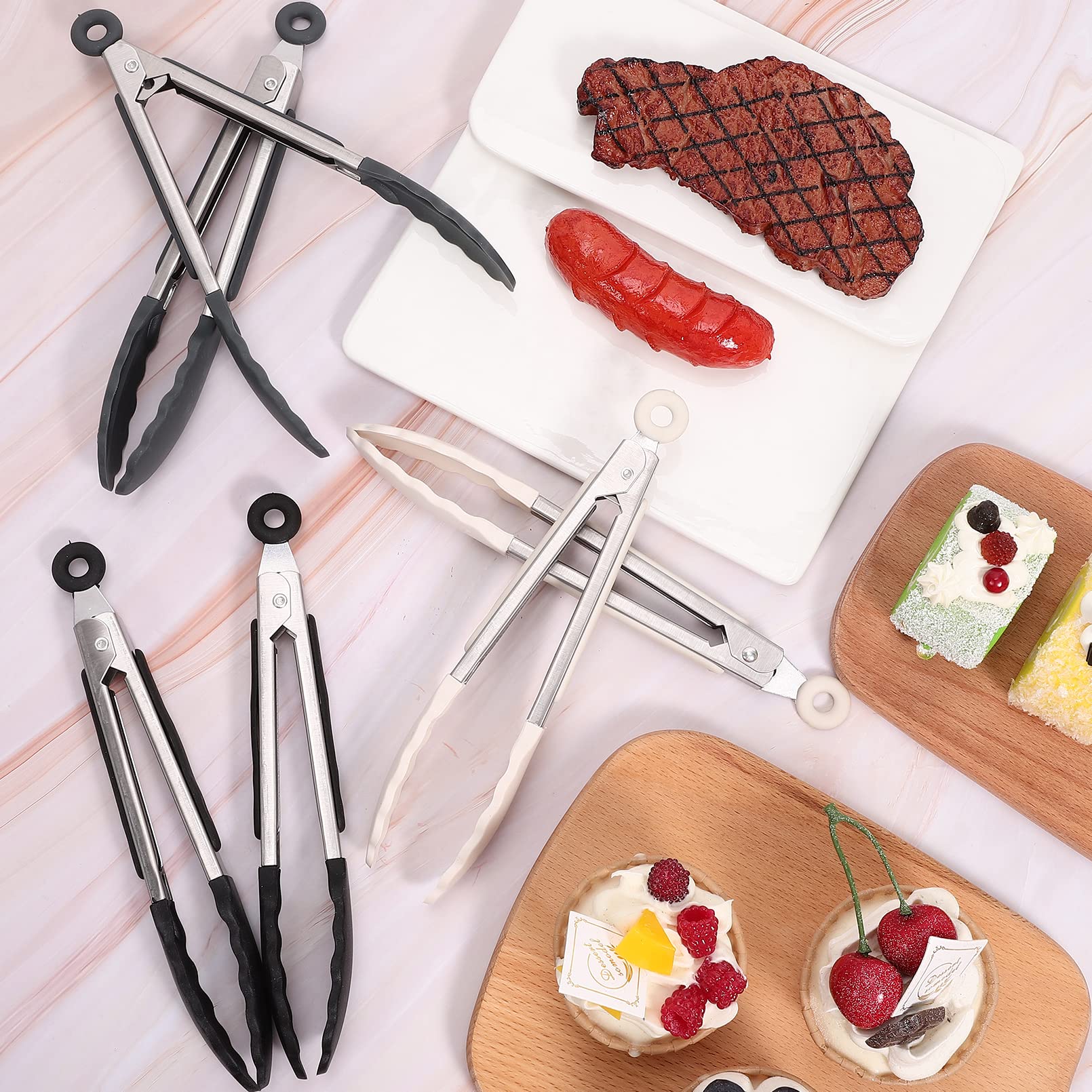 6 Pcs Small Silicone Tongs,7 Inch Mini Serving Tongs With Silicone Tips,Heat Resistant Cooking Tongs,Stainless Steel Silicone Ki