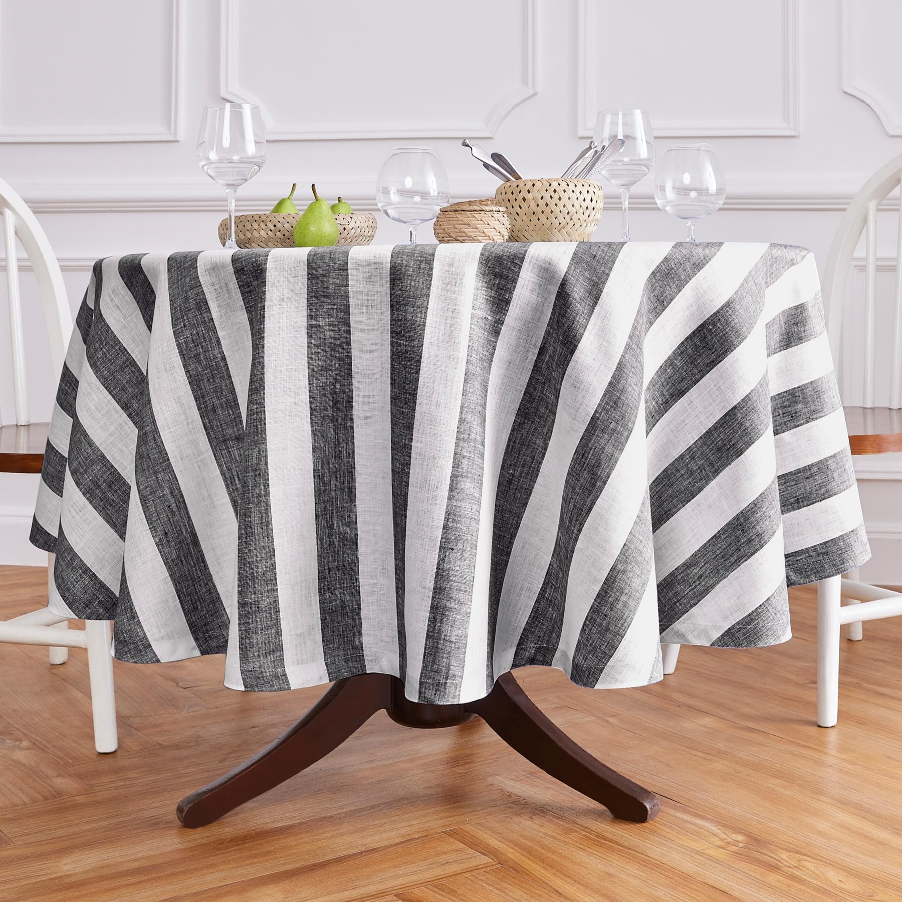 Solino Home Cabana Stripe Linen Round Tablecloth 70 Inch Diameter - 100% Pure Linen Black And White Tablecloth For Spring, Easte