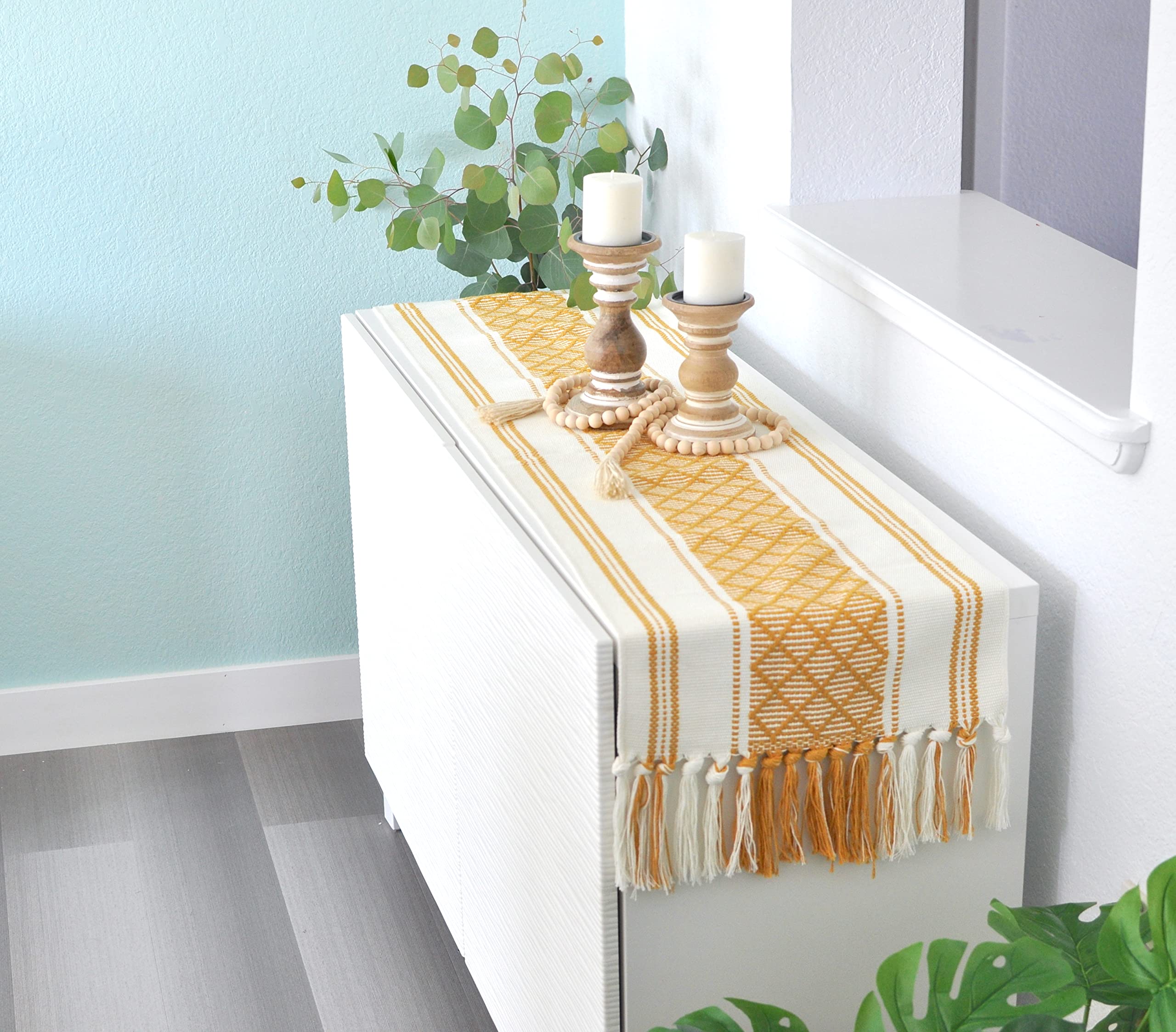 Oveesha Boho Table Runner With Tassels 14 X 72 Inches, Mustard Yellow & Cream | Woven Washable Dresser Scarf And Topper For Bedr