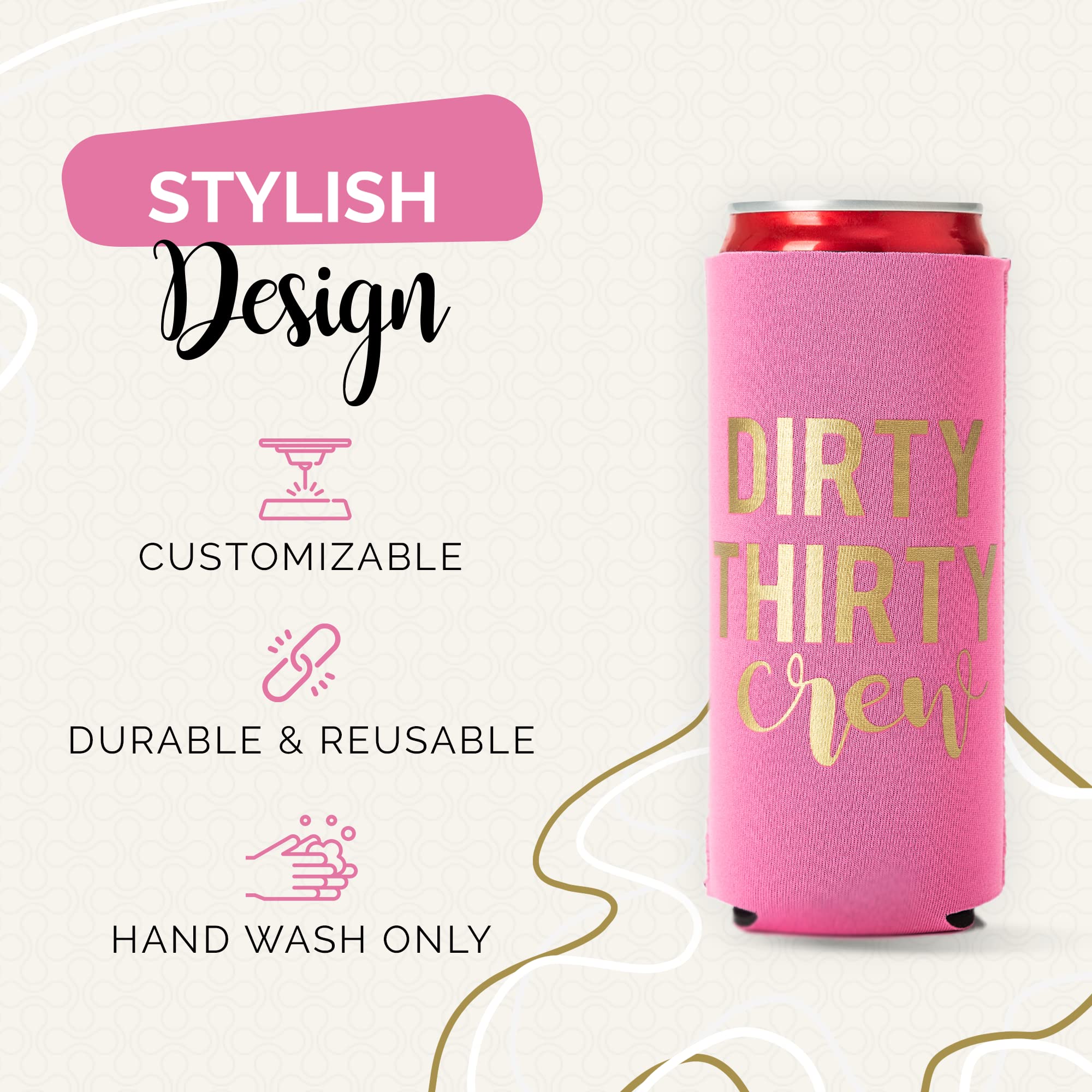 Dirty Thirty Crew Can Coolers, 30Th Birthday Party Coolies, Set Of 12, Black/White And Gold Thirtieth Birthday Cup Coolers, Perf