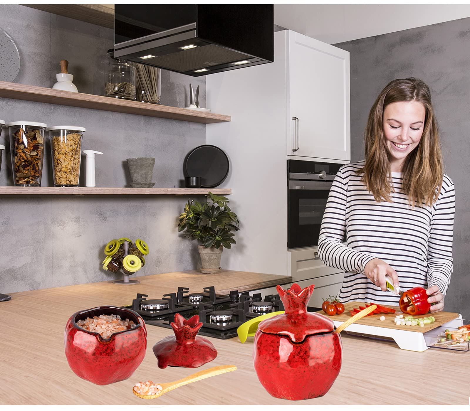 Gabroc Salt Cellar Salt Box 2 Pcs Salt Container Salt Pig Red Salt Bowl Salt Cellar With Lid Spoon Ceramic Pomegranate Shaped