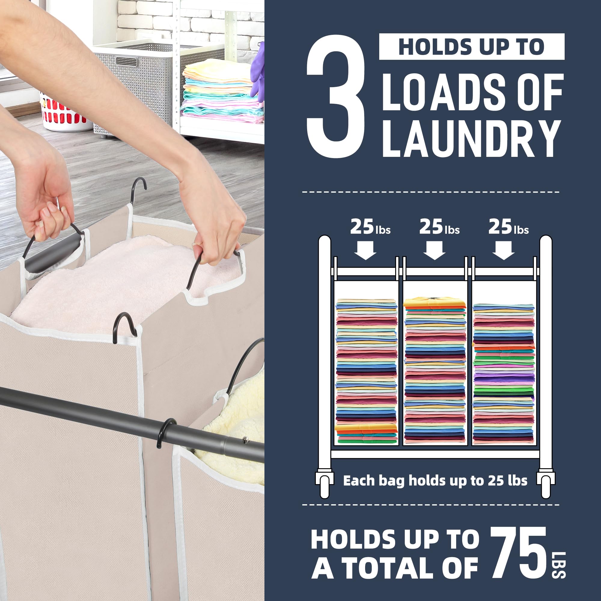 Sto Sto Laundry Sorter 3 Section, 3 Bag Laundry Hamper, Rolling Laundry Cart, Laundry Basket With Heavy Duty Lockable Wheels And