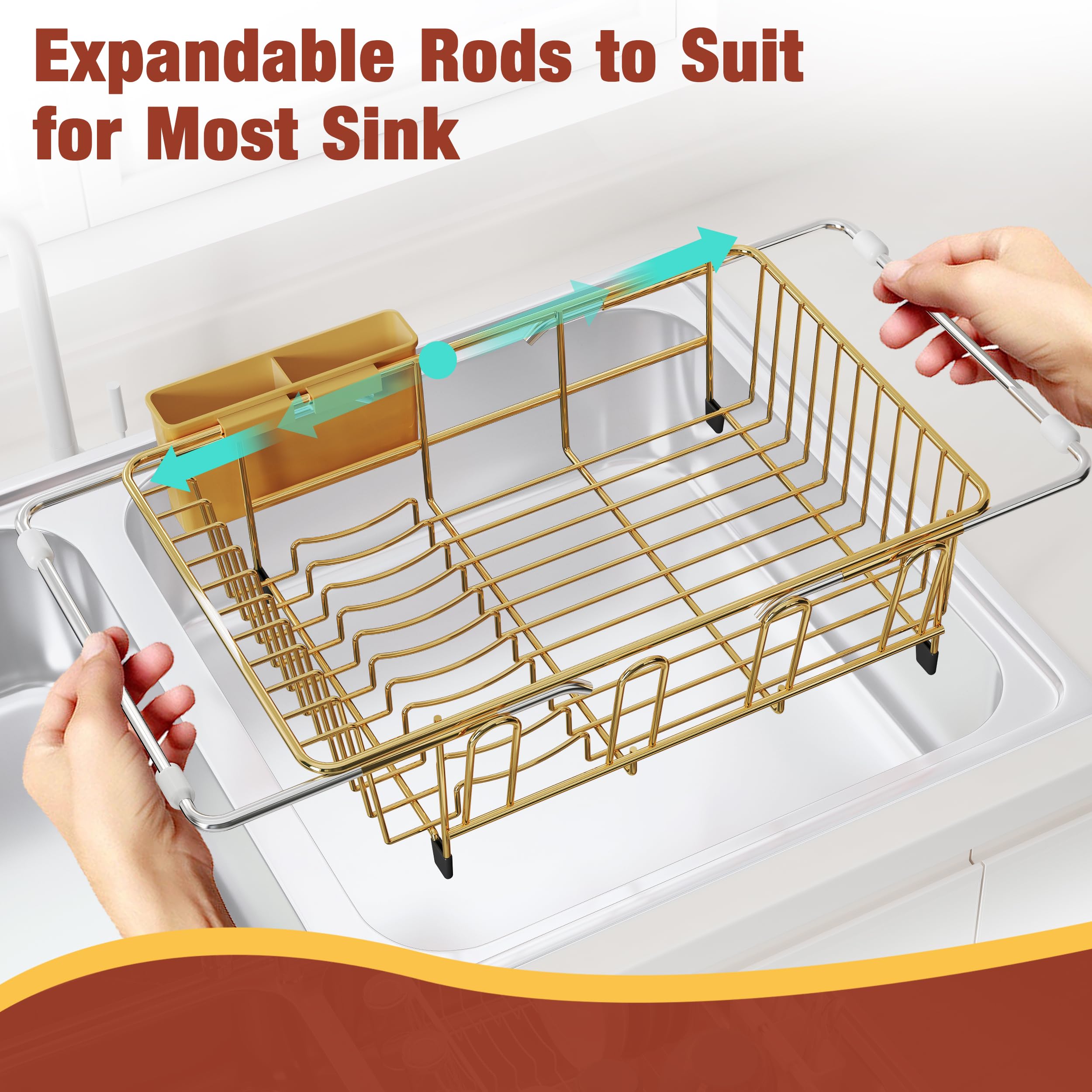 JASIWAY Sink Dish Drying Rack, Expandable Stainless Steel Dish Rack Over Sink, Kitchen Sink Drain Strainer with Cutlery Holder &