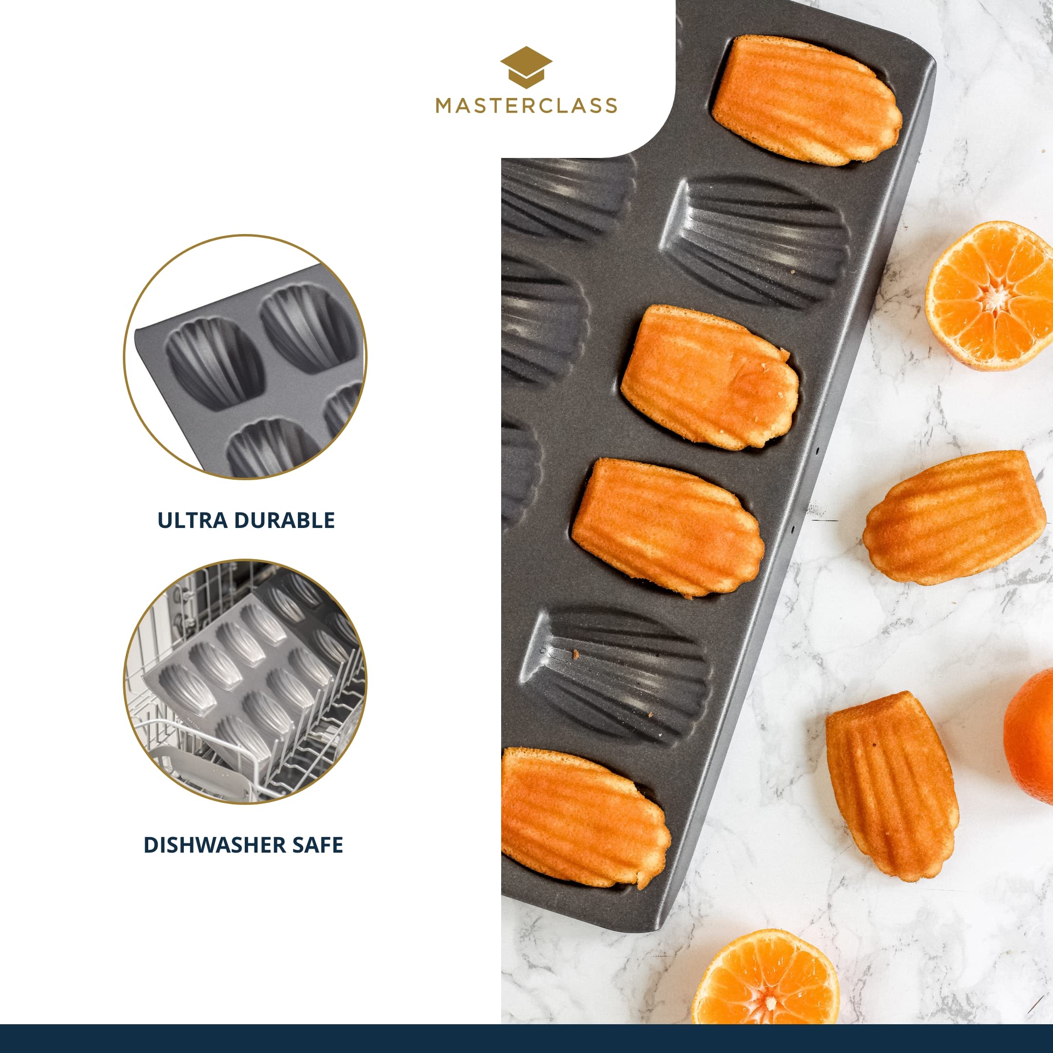 Masterclass Madeleine Tray With Pfoa Free Non Stick, Robust 1Mm Carbon Steel, 12 Hole Cake Mould, 40X 20 Cm, Grey