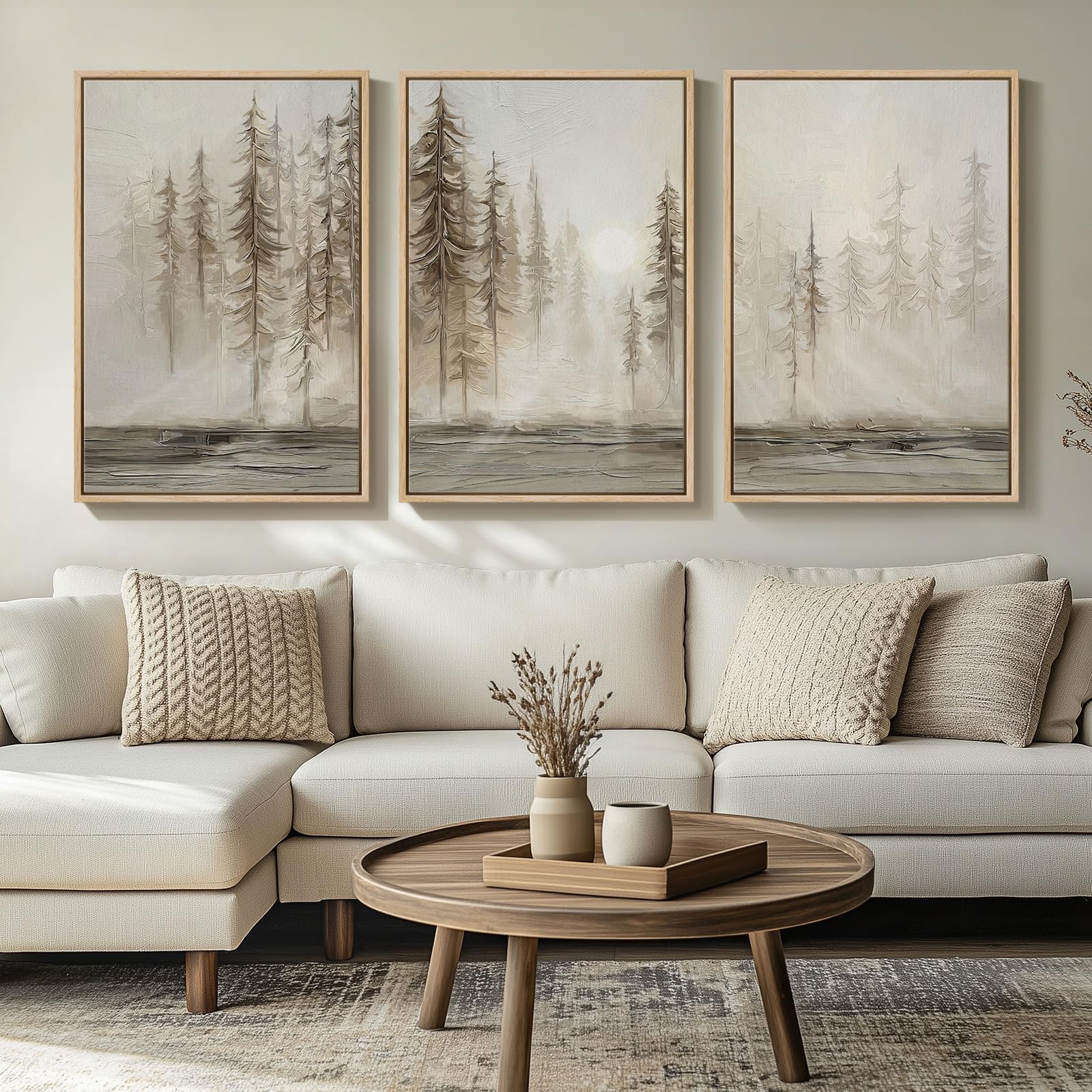 Framed Netural Wall Art For Living Room, Large 3 Piece Abstract Pastel Grunge Forest Landscape Tree Canvas Artwork Set, Modern A