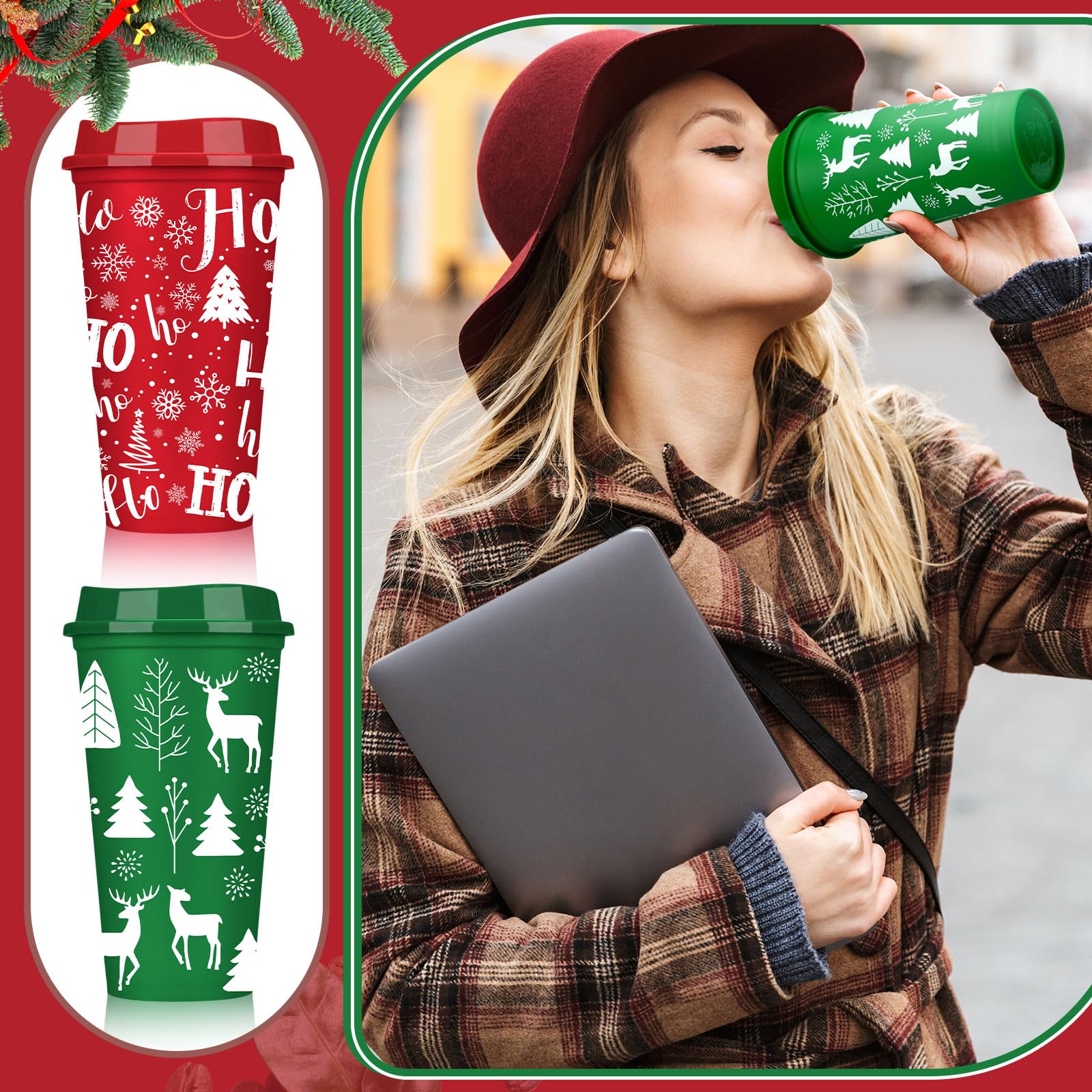 Pickmesh 12 Pcs Christmas Coffee Cups Gifts Bulk 16 oz Reusable Christmas Tree Snowflake Elk Pattern Tumblers with Lid Plastic T