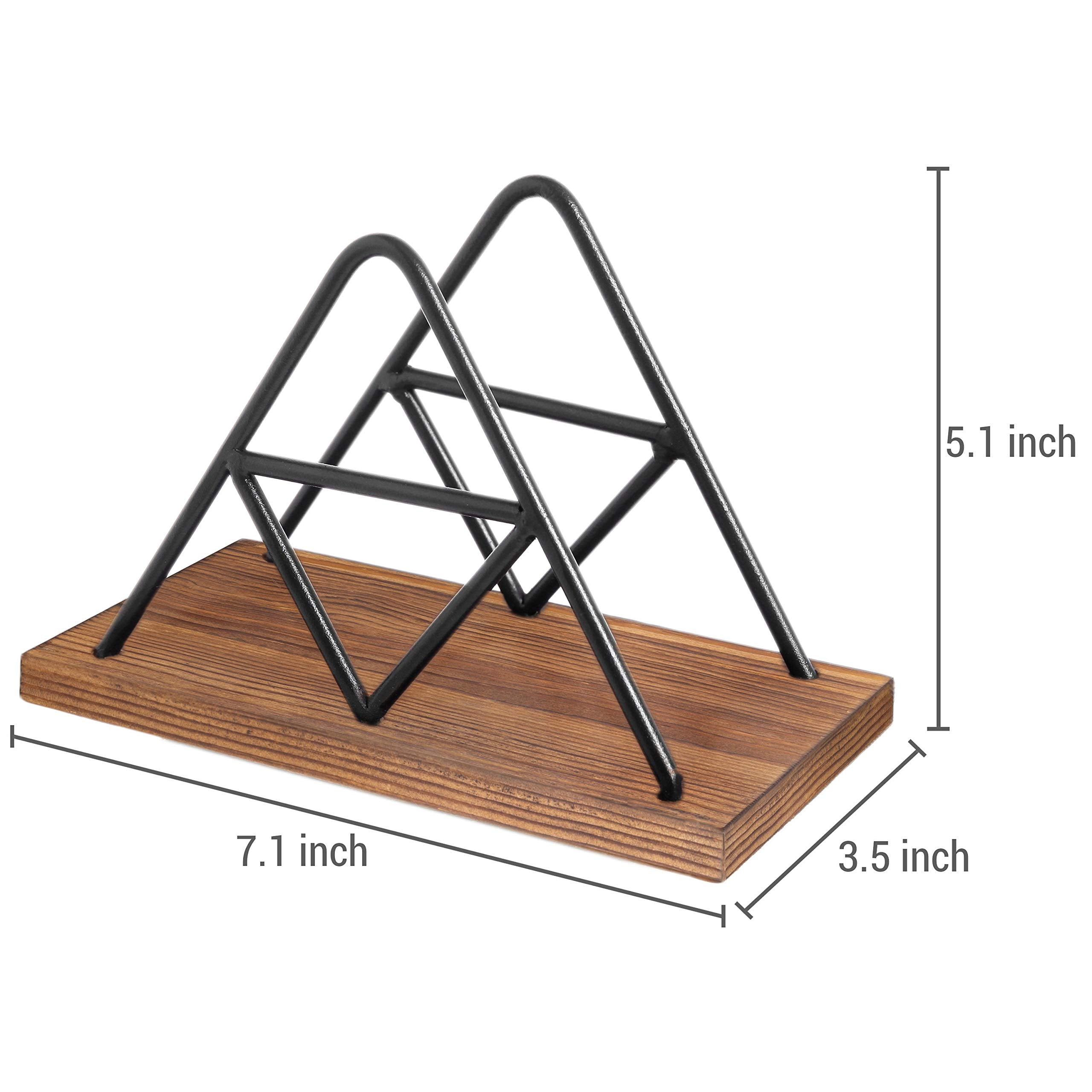 Mygift Matte Black Metal Wire Triangle Napkin Holder With Rustic Burnt Solid Wood Base, Tabletop Geometric Serviette Dispenser R