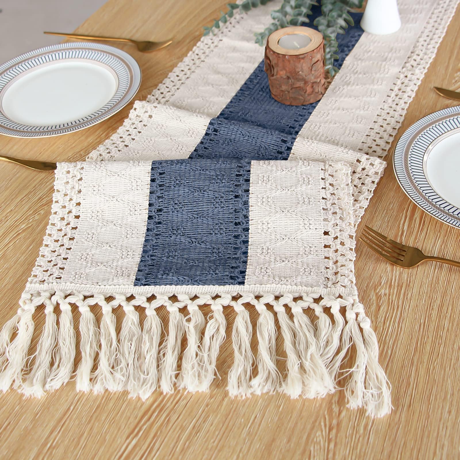 Fexia Boho Blue Table Runner 72 Inches Long Macrame Table Runner Farmhouse Style Table Runner With Tassels For Party Bohemian Ru