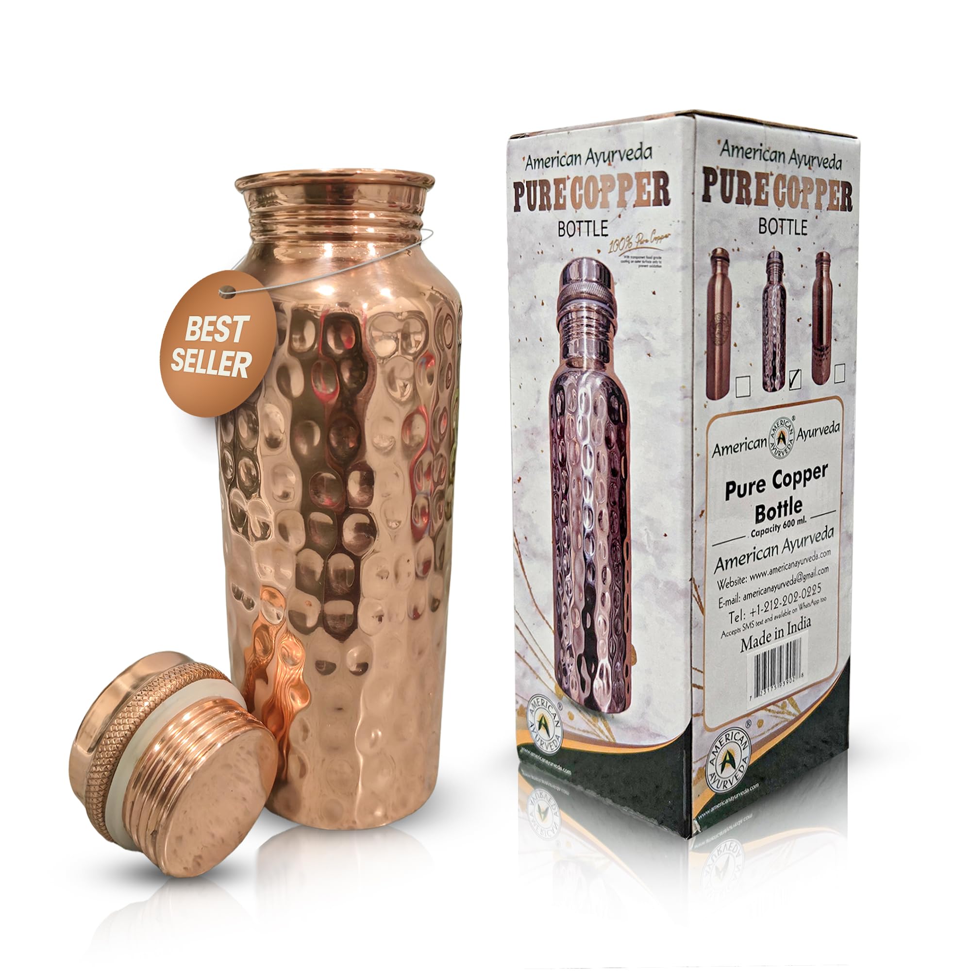 American Ayurveda 100% Pure Copper Water Bottle 600ml 20 Oz Hammered Finish, Joint Free, Leak Proof, Natural Ayurvedic Benefits 