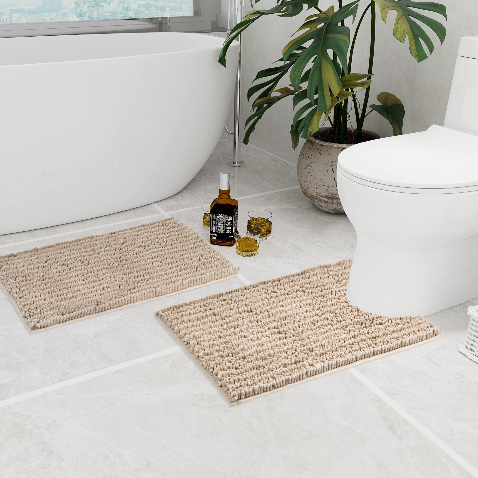Walensee Bathroom Rug 2 Pieces Set Non Slip Bath Mat (20''X32'' Plus 20''X24'' U Beige) Water Absorbent Super Soft Shaggy Chenil