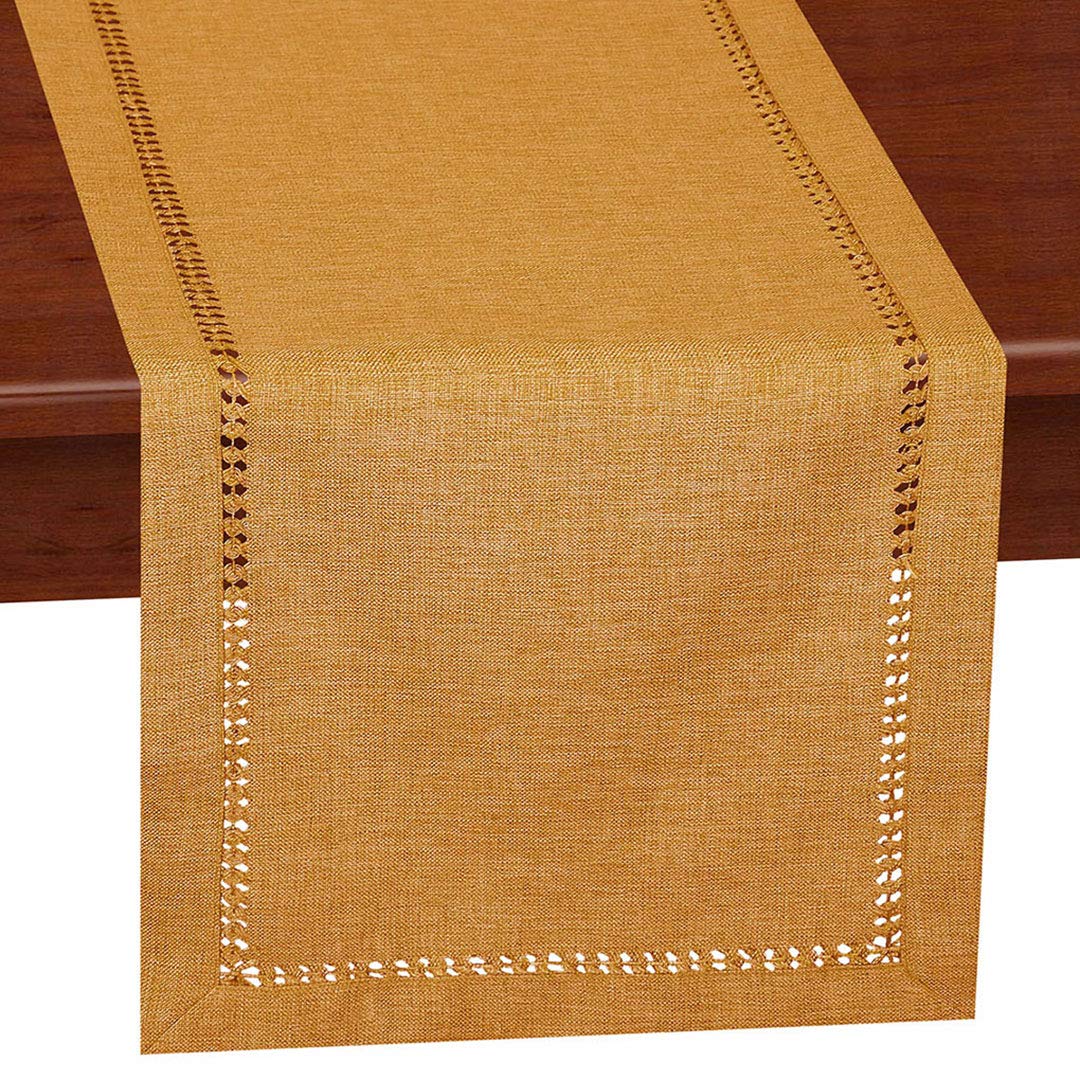 Grelucgo Handcrafted Solid Color Dining Table Runner, Dresser Scarf, Double-Hemstitched (Mustard Gold, 14 X 48)