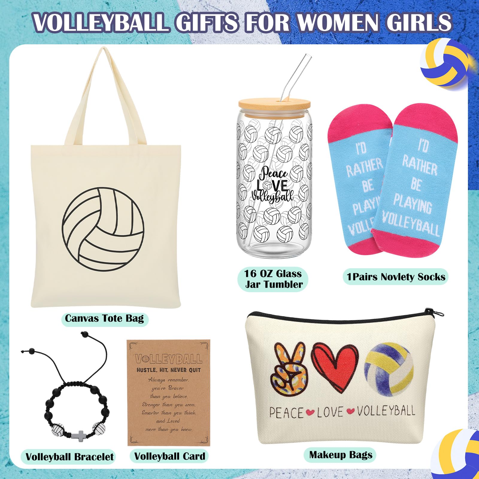 Chunful 6 Pcs Volleyball Gifts Set for Teen Girls & Women Team Essentials Accessories Include 16 oz Glass Jar Tumbler Canvas Tot