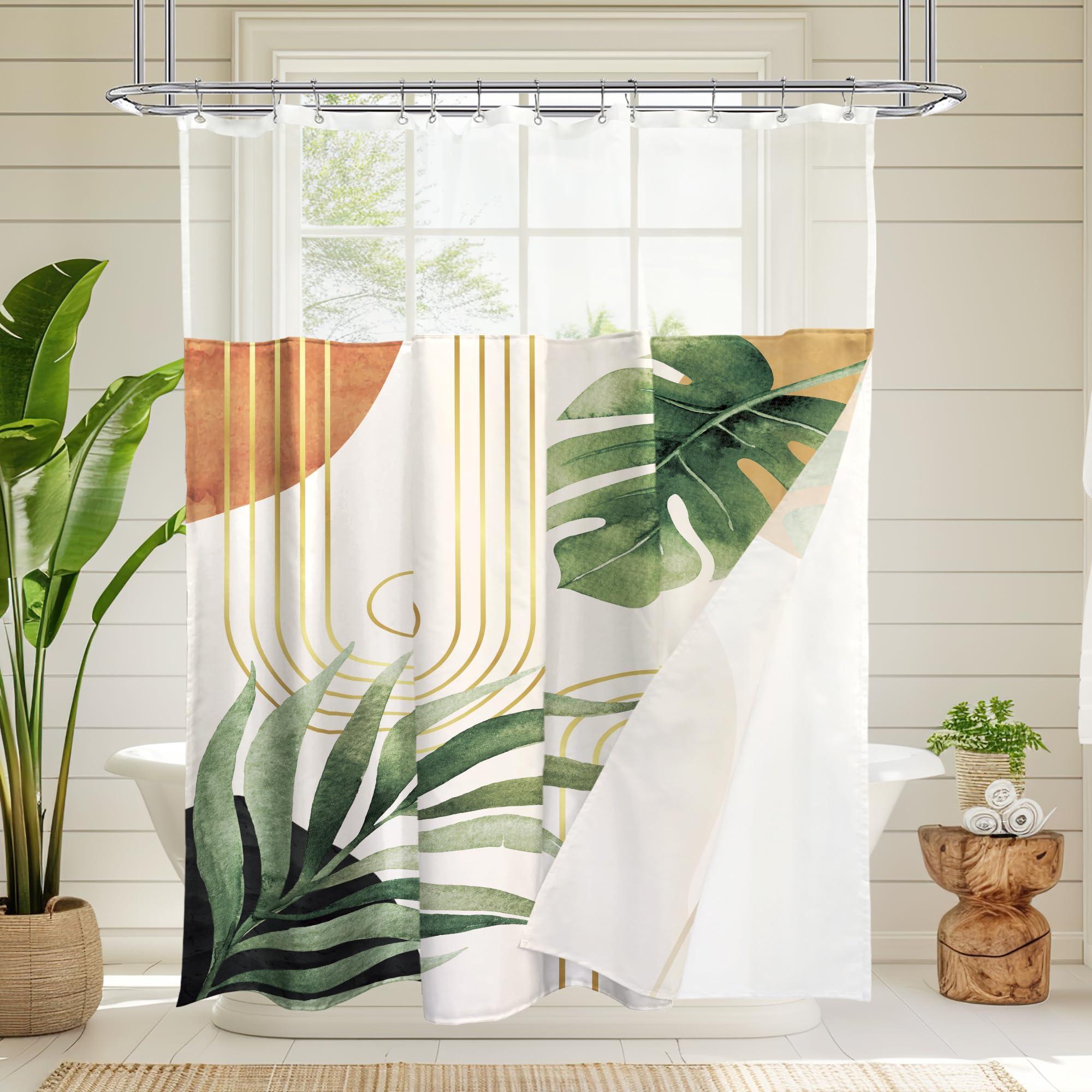 Glawry Boho Shower Curtain With Snap In Liner Modern Mid Century Tropical Palm Leaves Abstract Geometric Modern Arch See Through