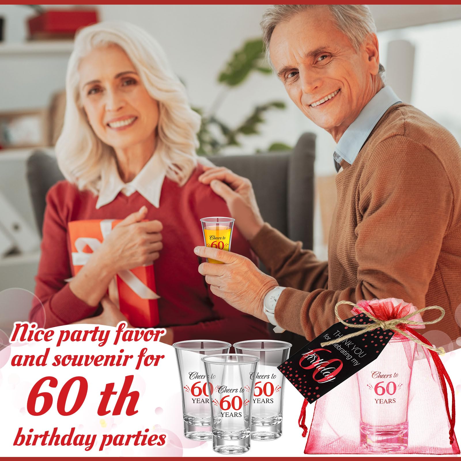 Pickmesh 50 Sets Black Red Birthday Party Favors for Guests Souvenir Multicolor 60 Years Old Gift Bulk Acrylic Clear 1.2oz Shot