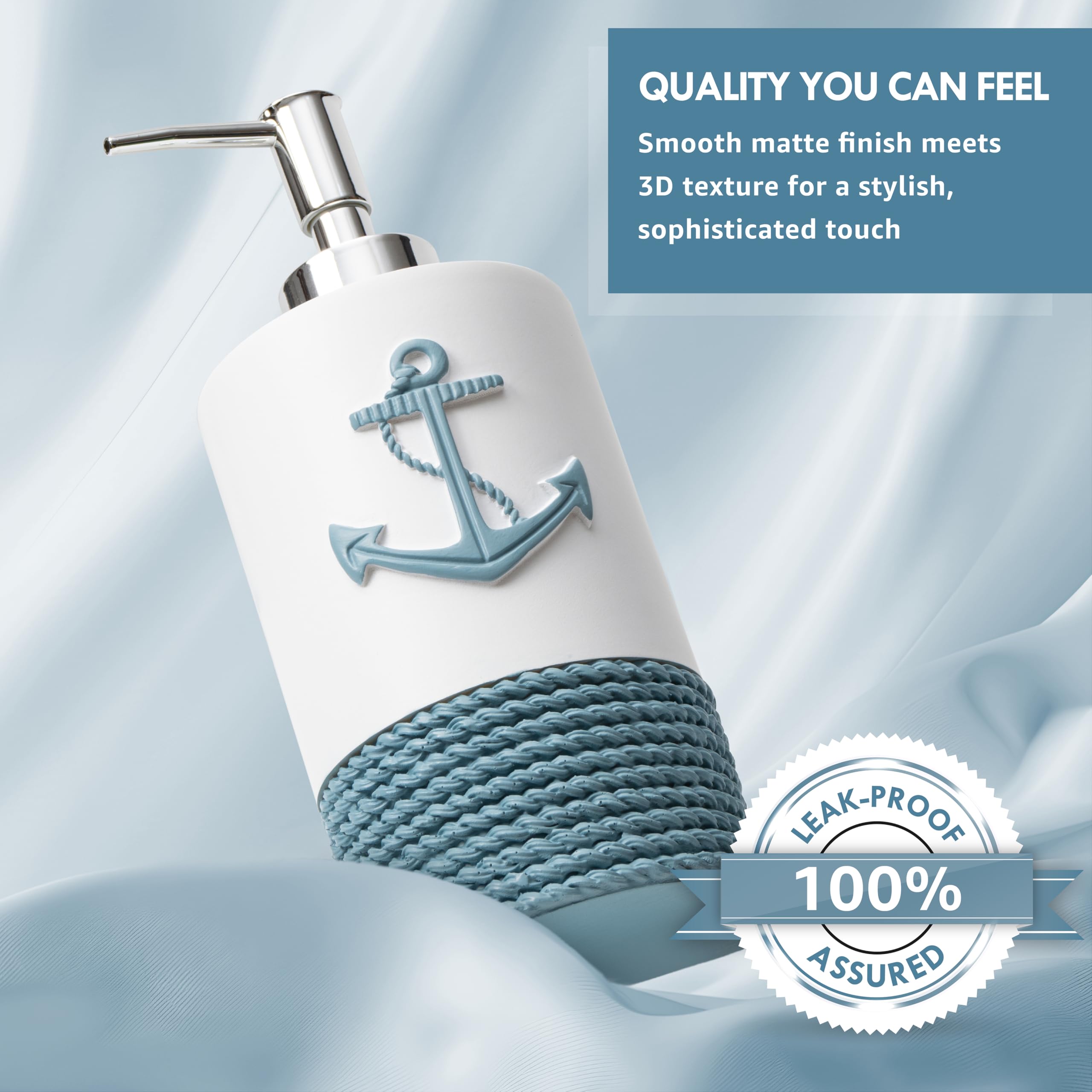 Tide and Tales Nautical Bathroom Accessories Set - 4 PC Coastal Decor, White/Teal Resin Soap Dispenser, Rope & Anchor Design