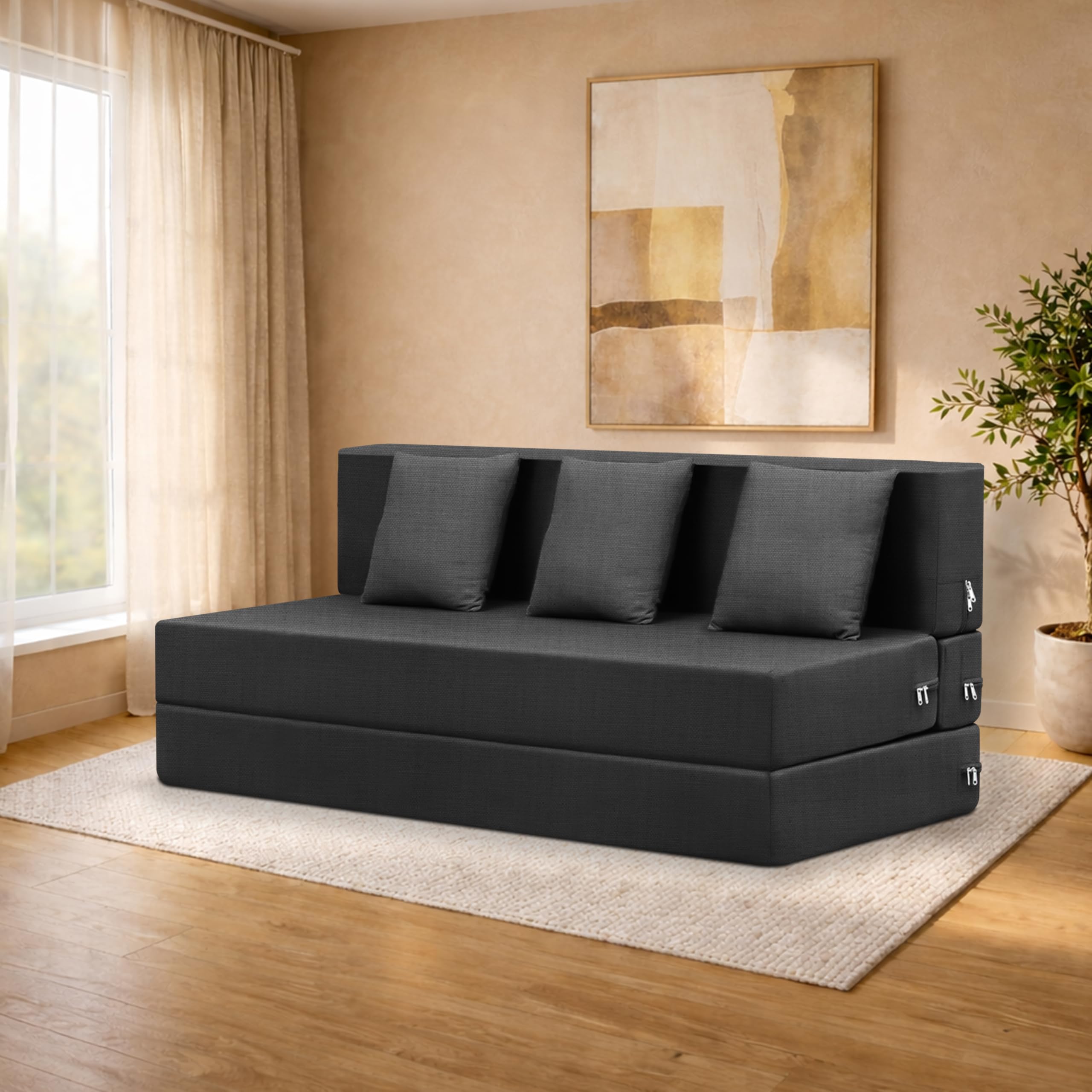Deco Studio ThreeSeater Sofa Cum Bed Foldable Sofa Cum Bed Washable & Zipper |Jute Finish Fabric  Black | 5 X 6 Feet