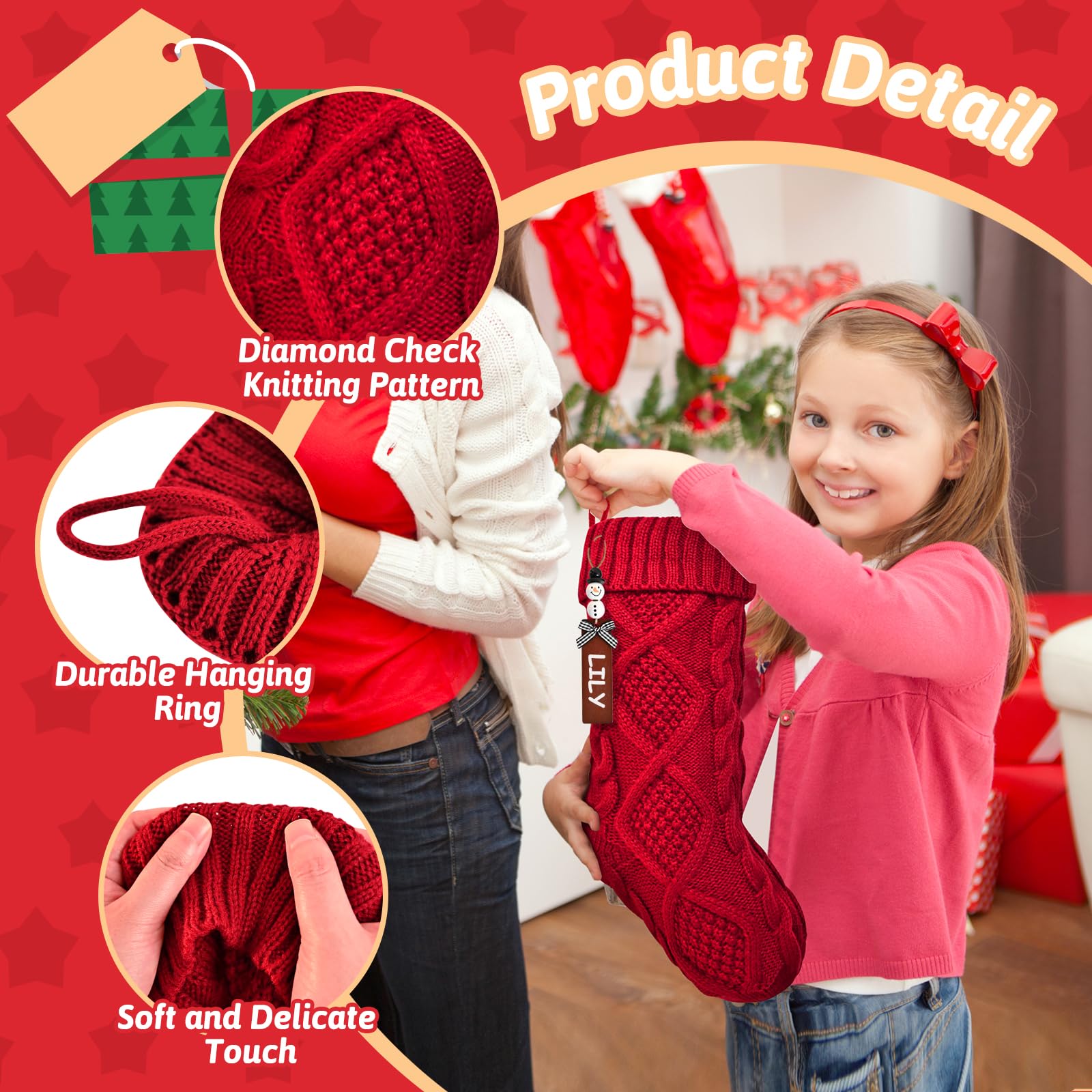 MASHDE Christmas Stocking, 2Pcs Personalized Christmas Stockings with DIY Snowman Name Tags, 18 Inches Large Xmas Knit Stockings