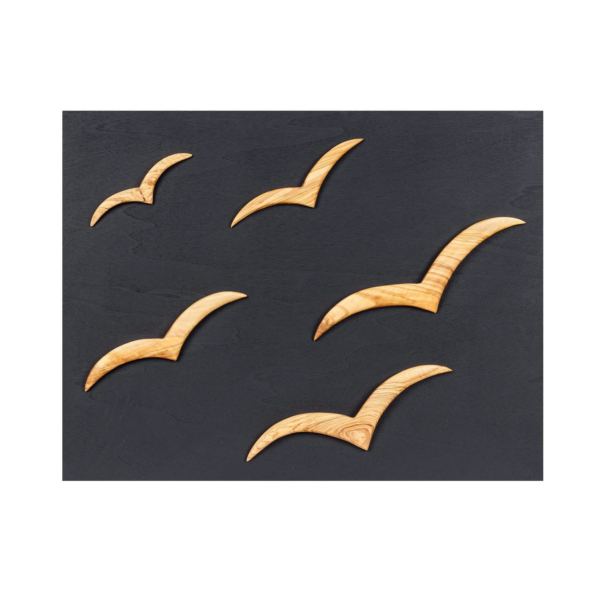 EliteCrafters Olive Wood Flying Seagulls Modern Wall Decor, Black Wooden Background, 45x35cm