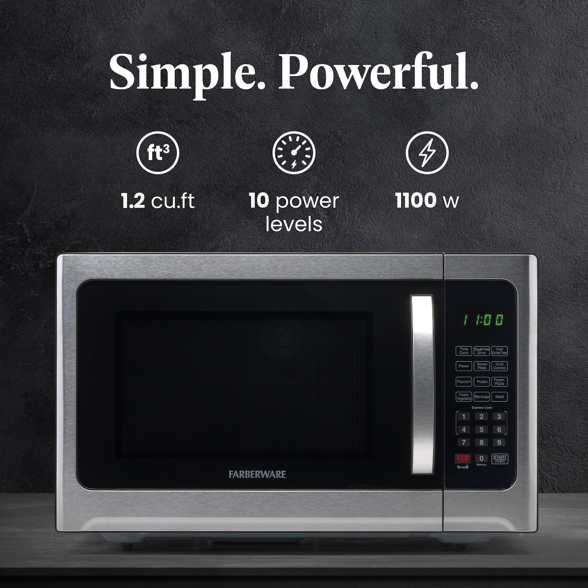 Farberware Countertop Microwave Oven 1.2 Cu. Ft. 1000 Watt With Led Lighting, Child Lock, Easy Clean Grey Interior, Stainless St