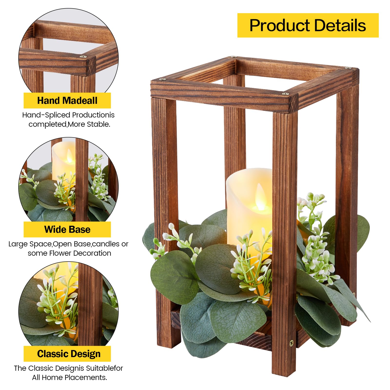 Neoflavie 6 Set/18 Pcs Wooden Wedding Lantern Centerpiece Include 6 Wooden Lantern Candle Holder 6 Flameless LED Candle 6 Eucaly
