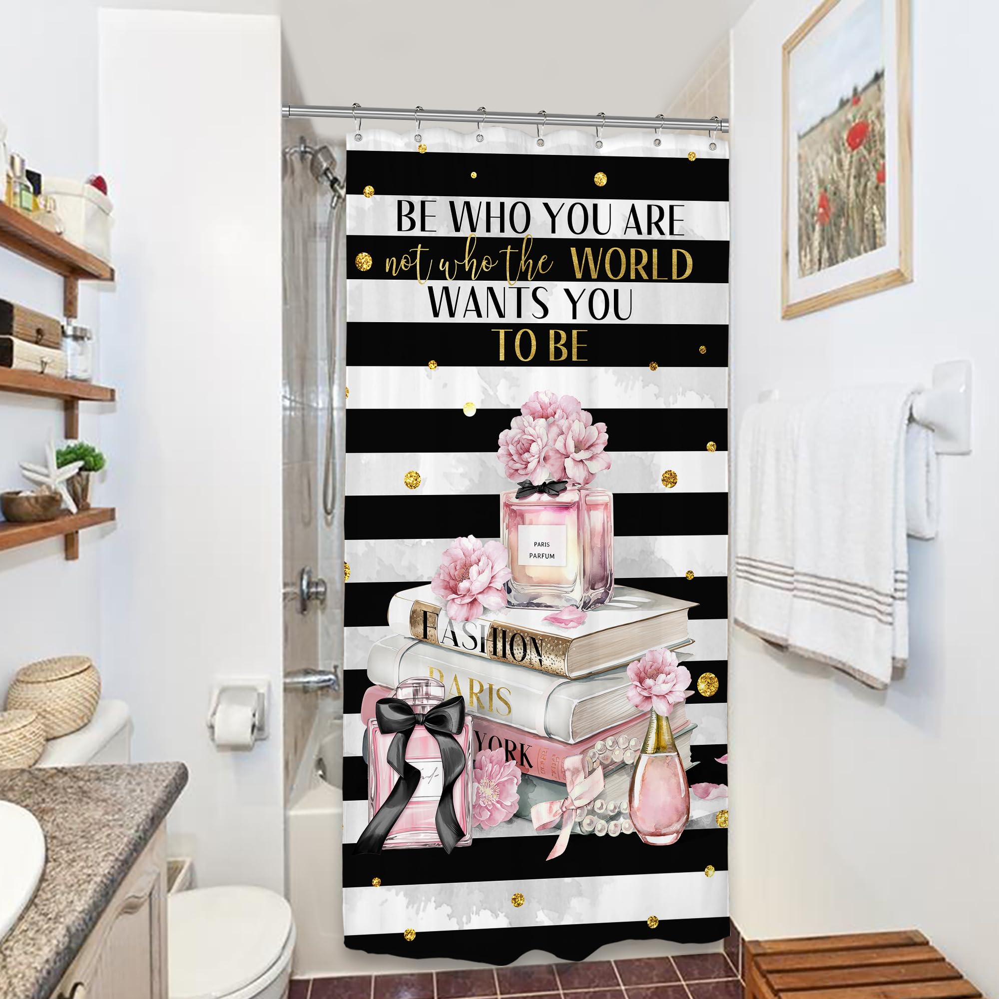 Riyidecor Small Stall Fashion Women Shower Curtain 36Wx72H Inch Black White Striped Pink Modern Magazine Book Perfume Flower Girl Positive Quote Bathroom Decor Fabric Polyester Waterproof 7 Pack Hooks