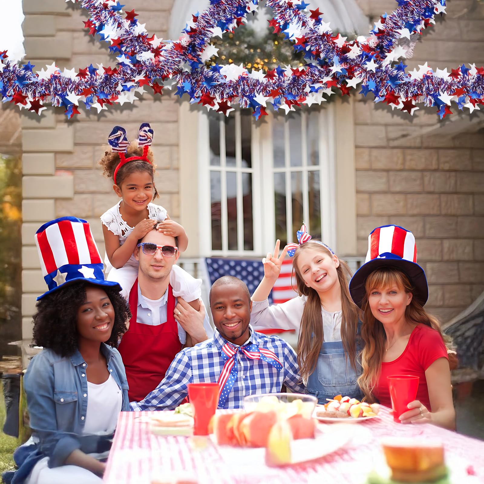 4th of July Garland Decorations,50Ft Glitter Tinsel Patriotic Decor for Tree Car Golf Cart Parade Float Bike Party Table Yard Do