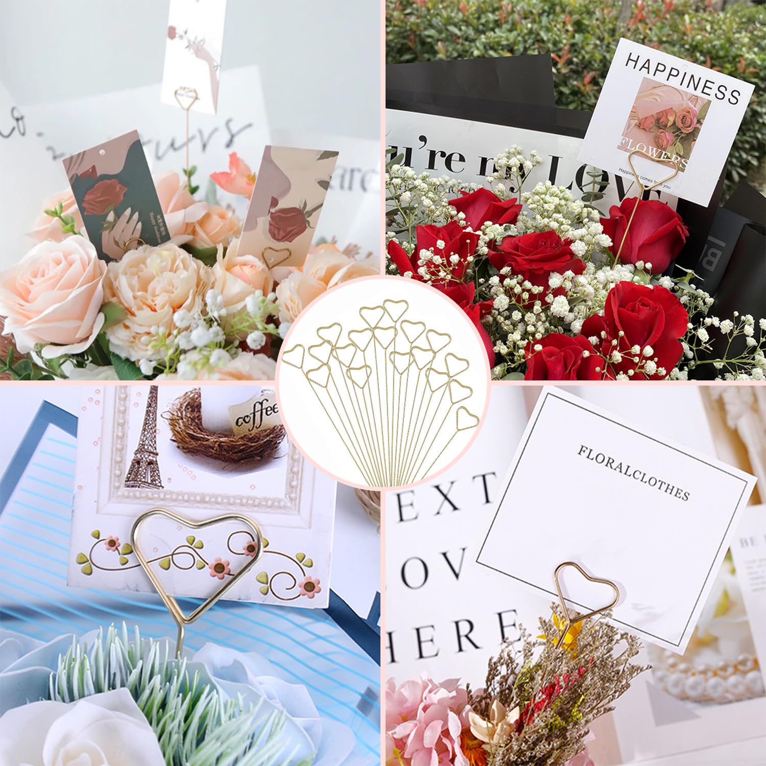 Syeycw 50 Pcs Florist Card Holder Sticks, Flower Card Holder Stick, Heart Shape Flower Card Holders, Gold Metal Card Picture Hol