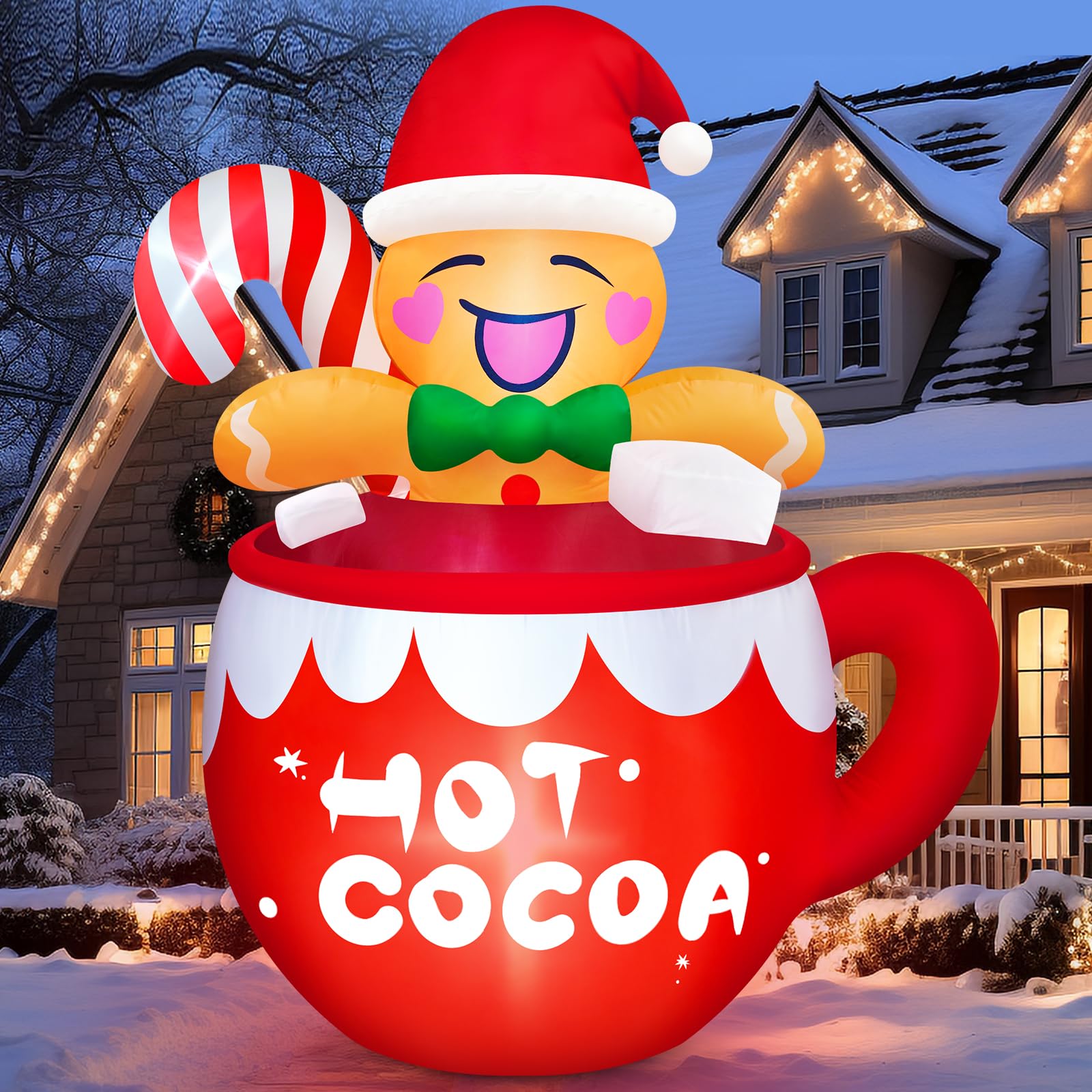 Danxilu 6FT Christmas Inflatable Outdoor Decorations, Cute Blow Up Hot Cocoa Gingerbread Man with Candy Canes Built-in LED Xmas 