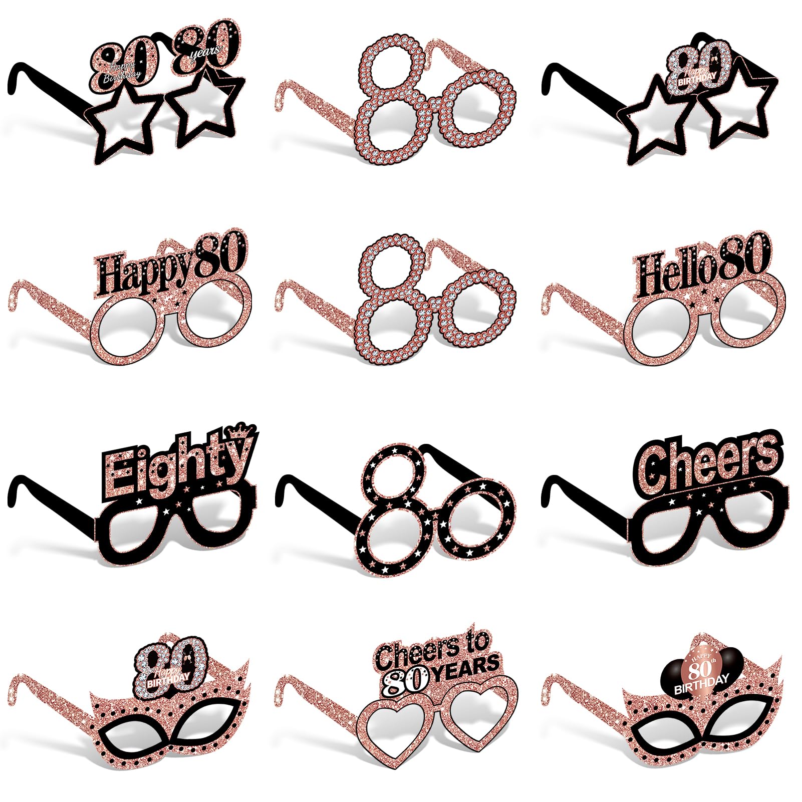 Zirtorei 24pcs 80th Birthday Paper Eyeglasses Decorations for Women, Rose Gold Happy 80th Birthday Eyeglasses Party Supplies, Ch