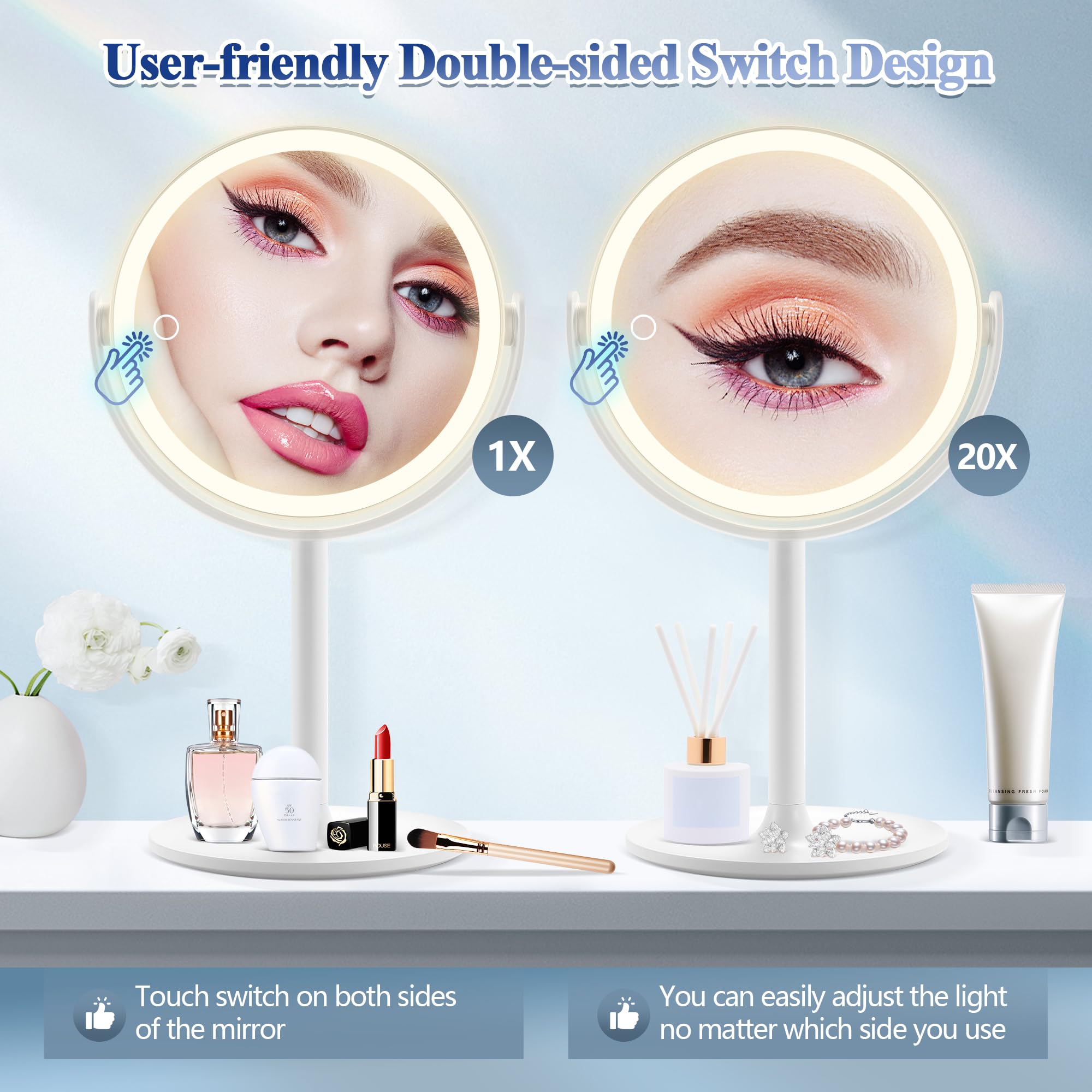 Gomipuru Lighted Magnifying Mirror, 20X Magnifying Makeup Mirror With Lights, Charging Port On Stand, Double Sided Switch Eye-Pr
