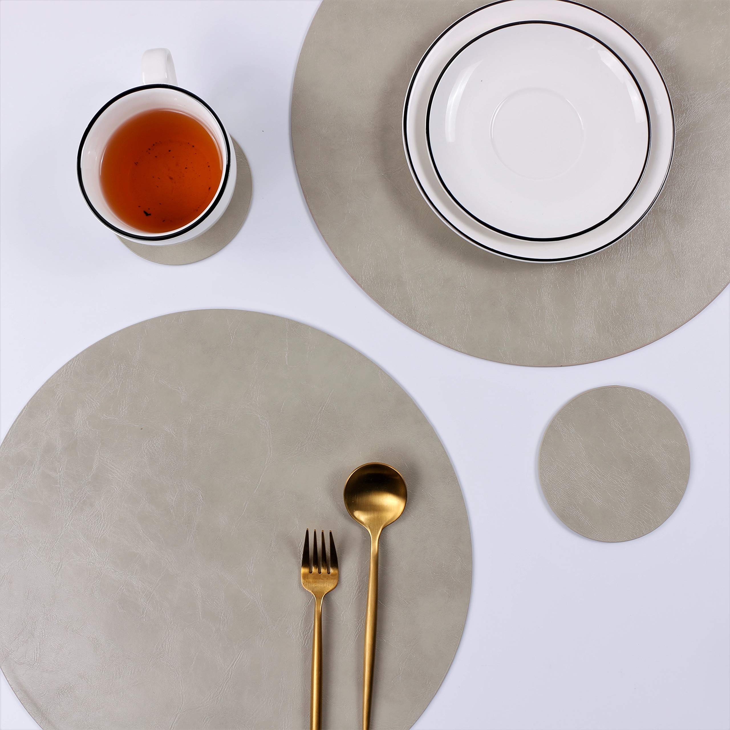 Set Of 8 Faux Leather Round Placemats And Coasters, Coffee Mats Kitchen Table Mats, Waterproof, Easy To Clean, For Kitchen Dinin