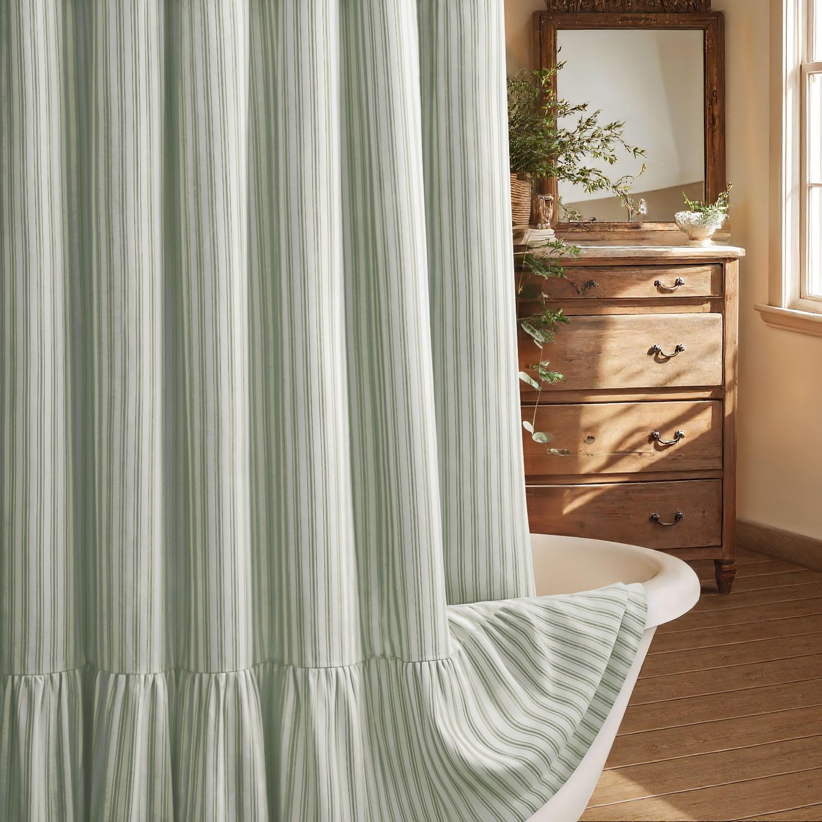 Xoguibo Farmhouse Shower Curtain With Ruffle Hem Linen Shower Curtains For Bathroom Country Vintage Rustic Natural Fabric, 72 W 