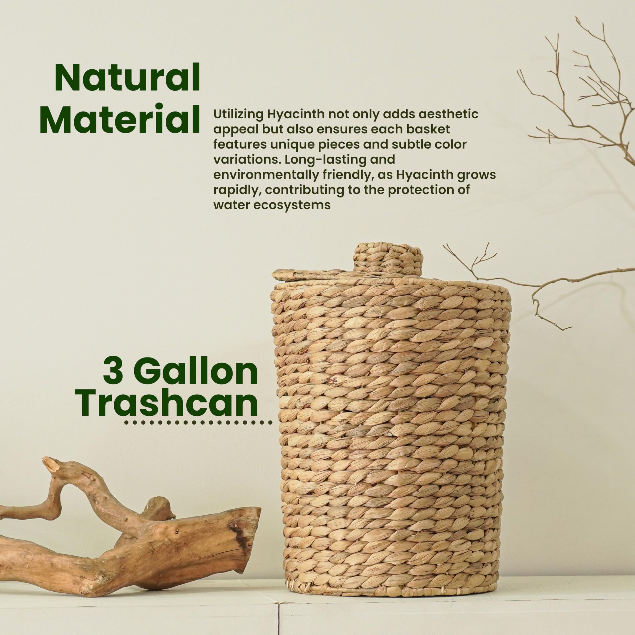 Tidita 3 Gallons Wicker Woven Waste Basket With Lid - Water Hyacinth Trash Can For Office Garbage - Handwoven Wastebaskets For B