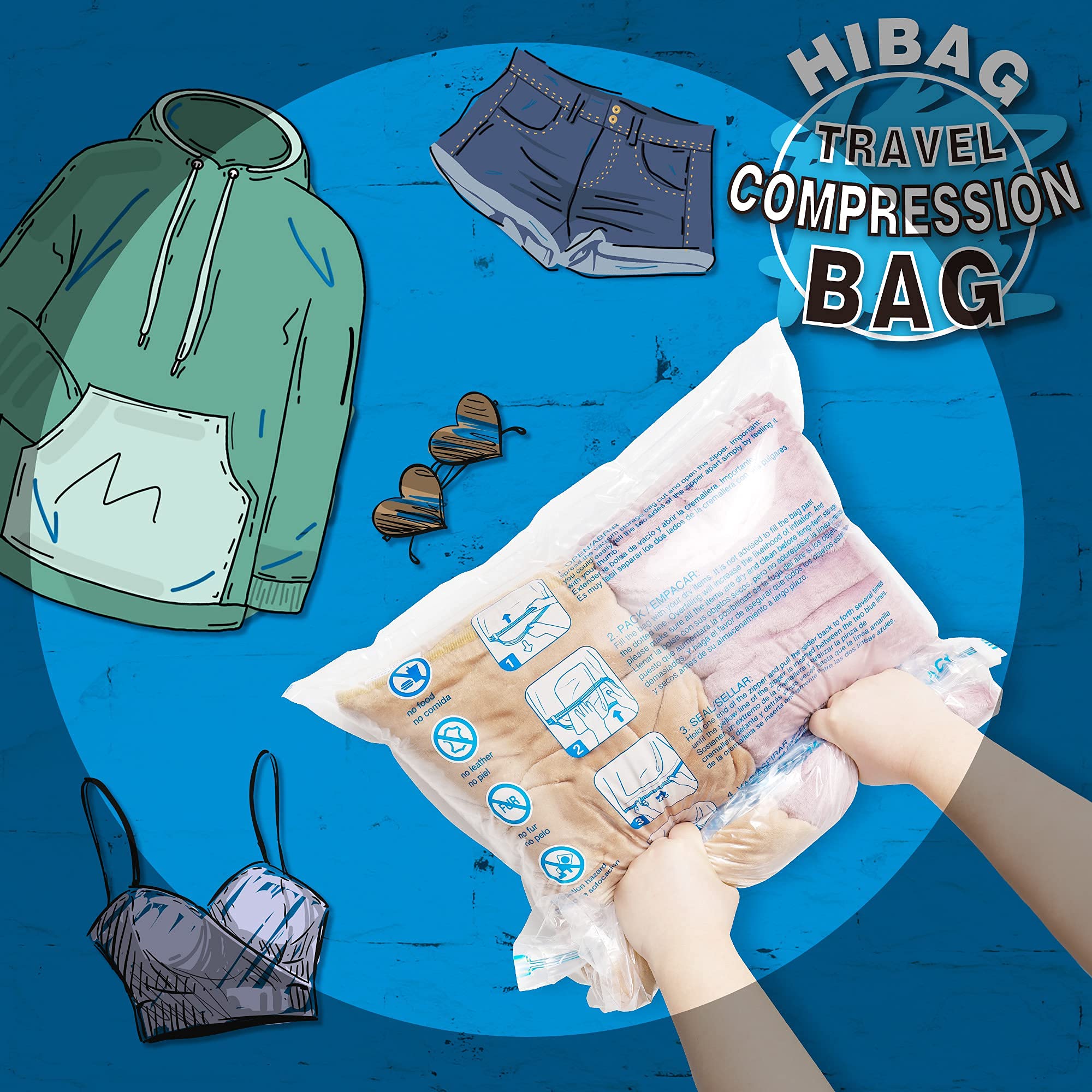 HIBAG Compression Bags for Travel, 12-Pack Space Saver Zipper Bags, Clear, Model 12-Travel, Vacuum Packing for Cruise Accessories