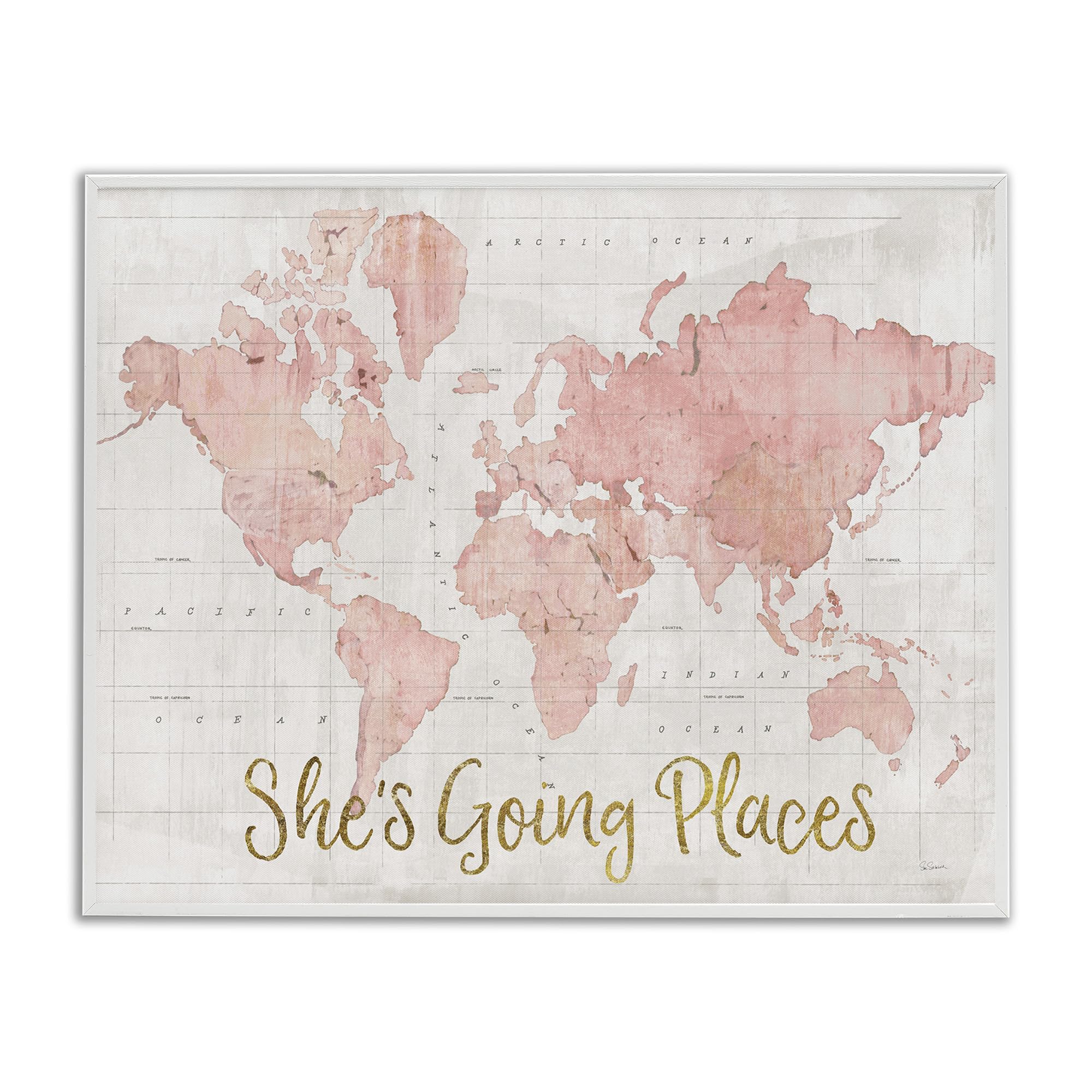 Stupell Industries She'S Going Places Quote Pink Watercolor World Map, Design By Sue Schlabach White Framed Wall Art, 16 X 20, B
